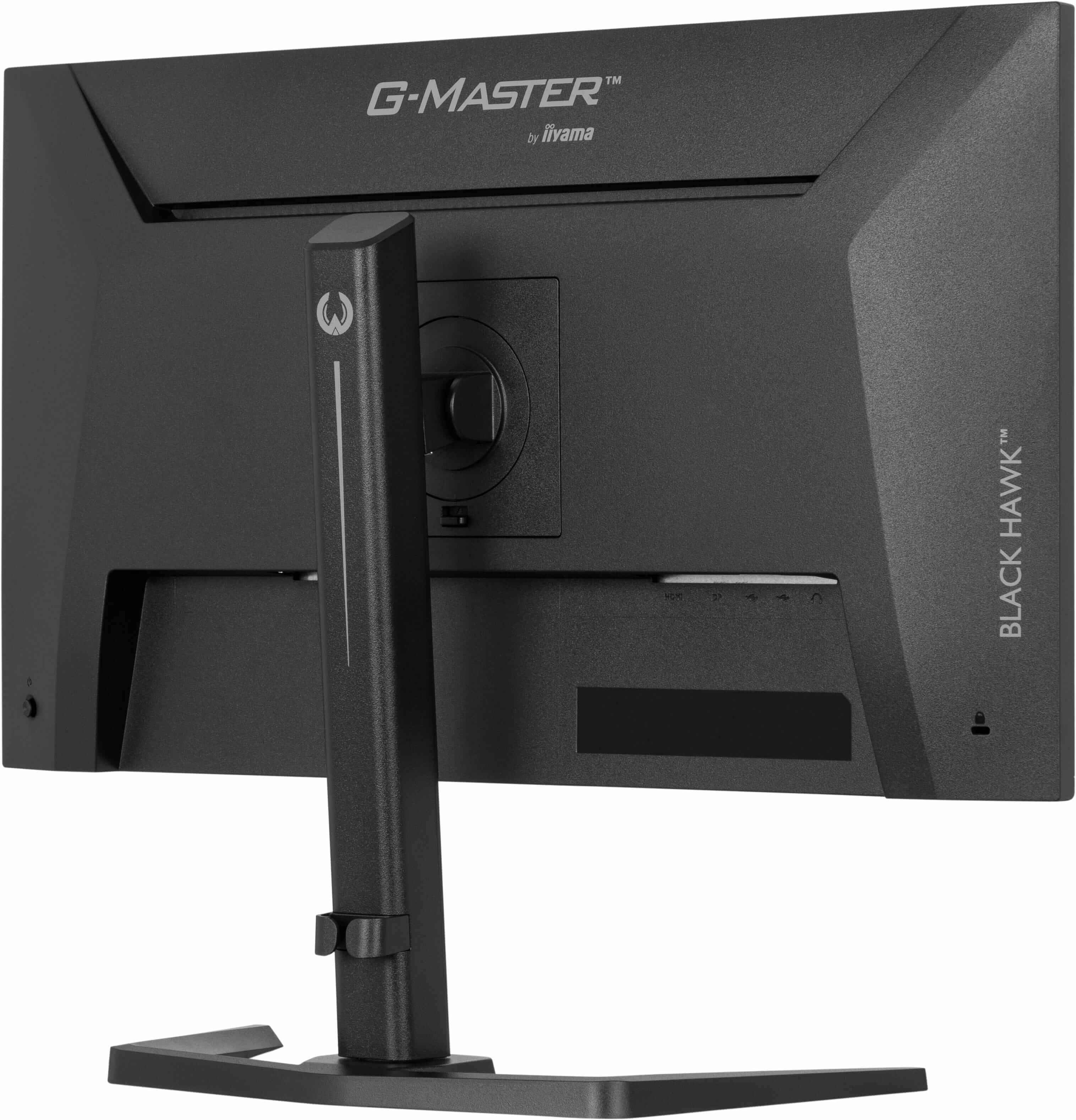 Tył czarnego monitora z logo G-MASTER i czarnym stojakiem.