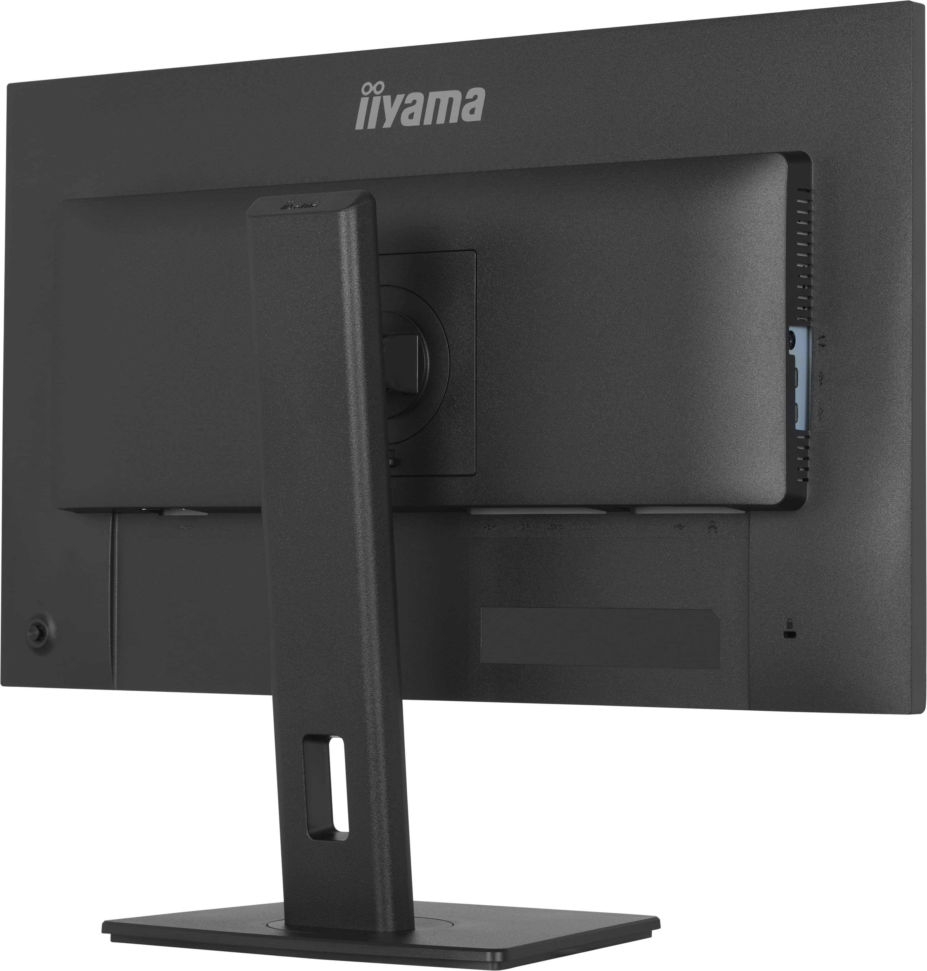 Rückseite eines schwarzen Monitors mit Standfuß und Anschlüssen.
