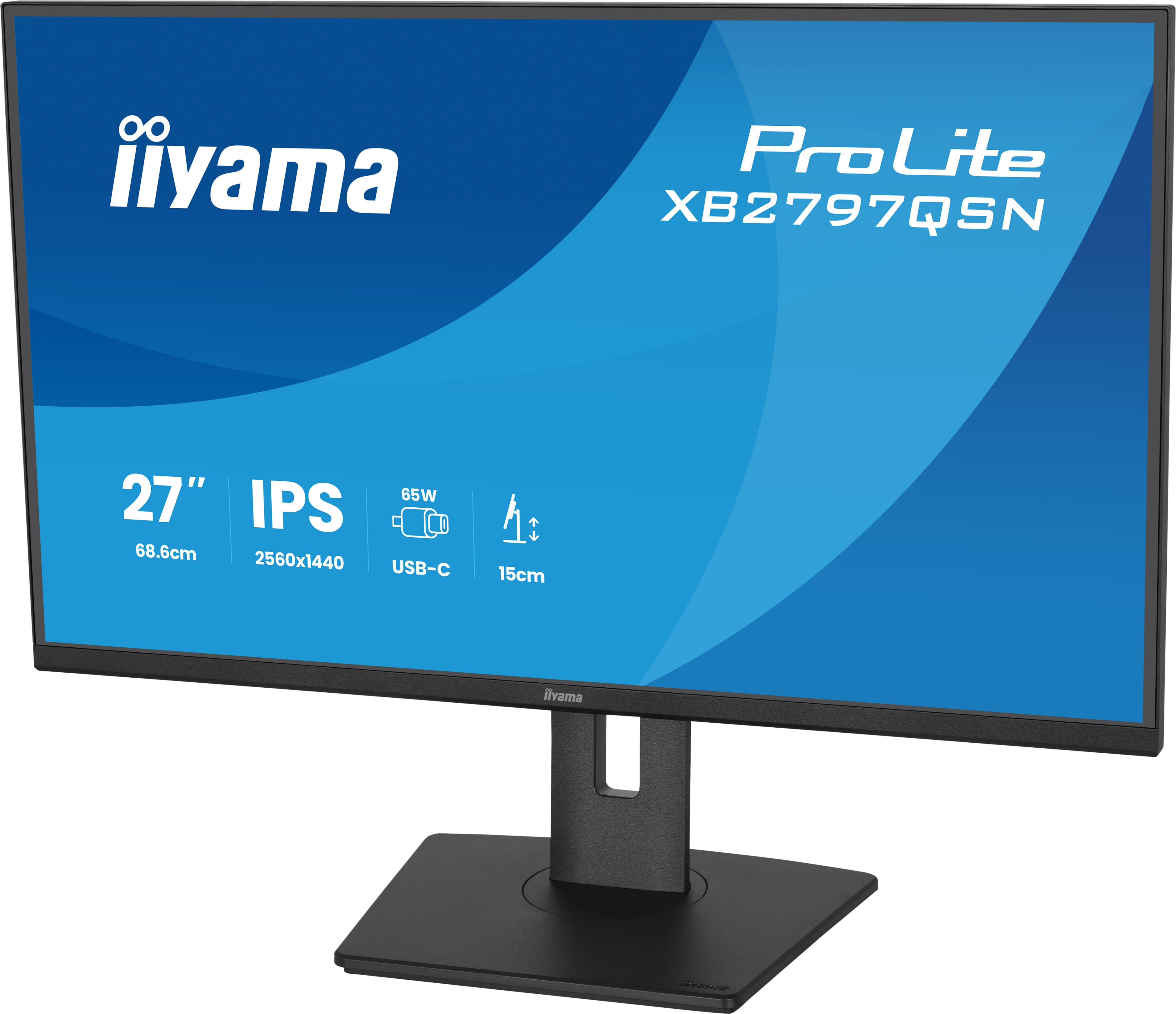 Ein schwarzer Iiyama ProLite XB2797QSN Monitor mit 27 Zoll, IPS und USB-C.