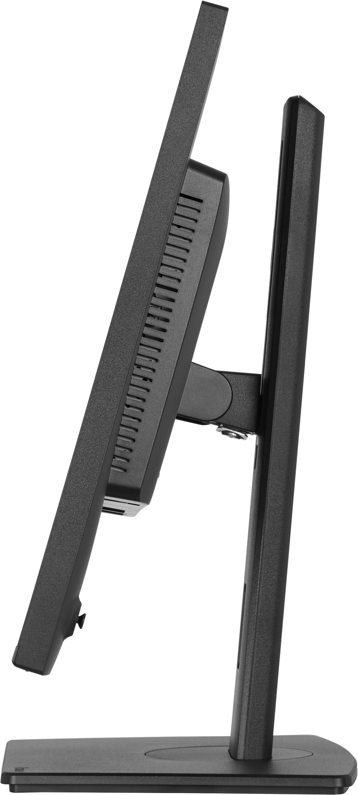 Seitenansicht eines schwarzen Computermonitors mit Ständer.