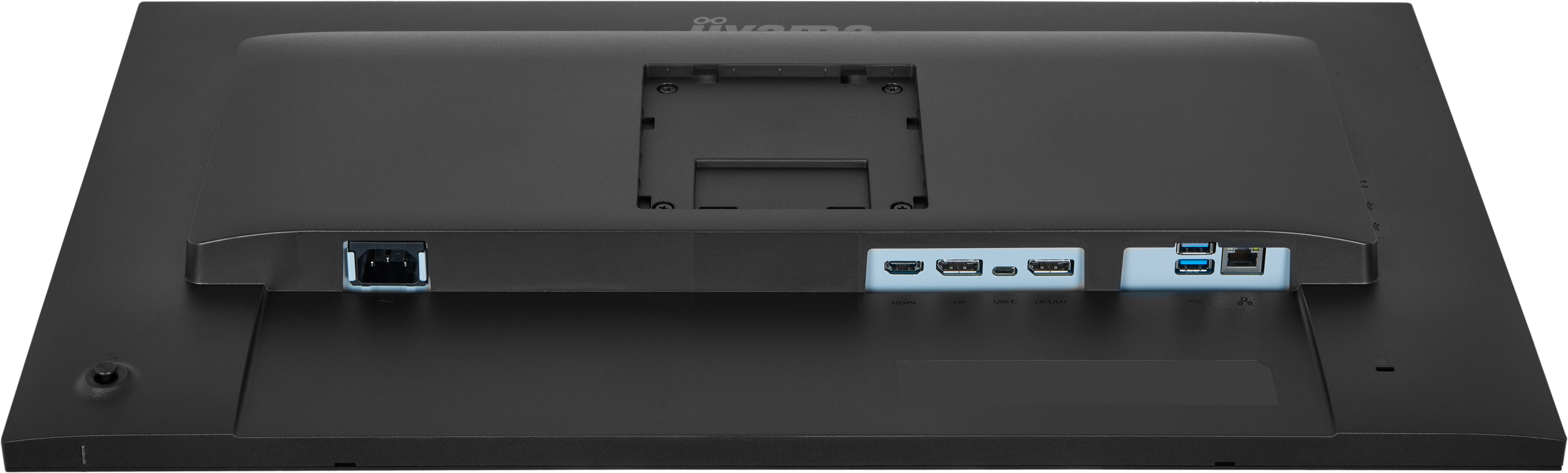 Rückseite eines schwarzen Monitors mit Anschlüssen: Strom, HDMI, DP, USB-C, USB-A und Ethernet.