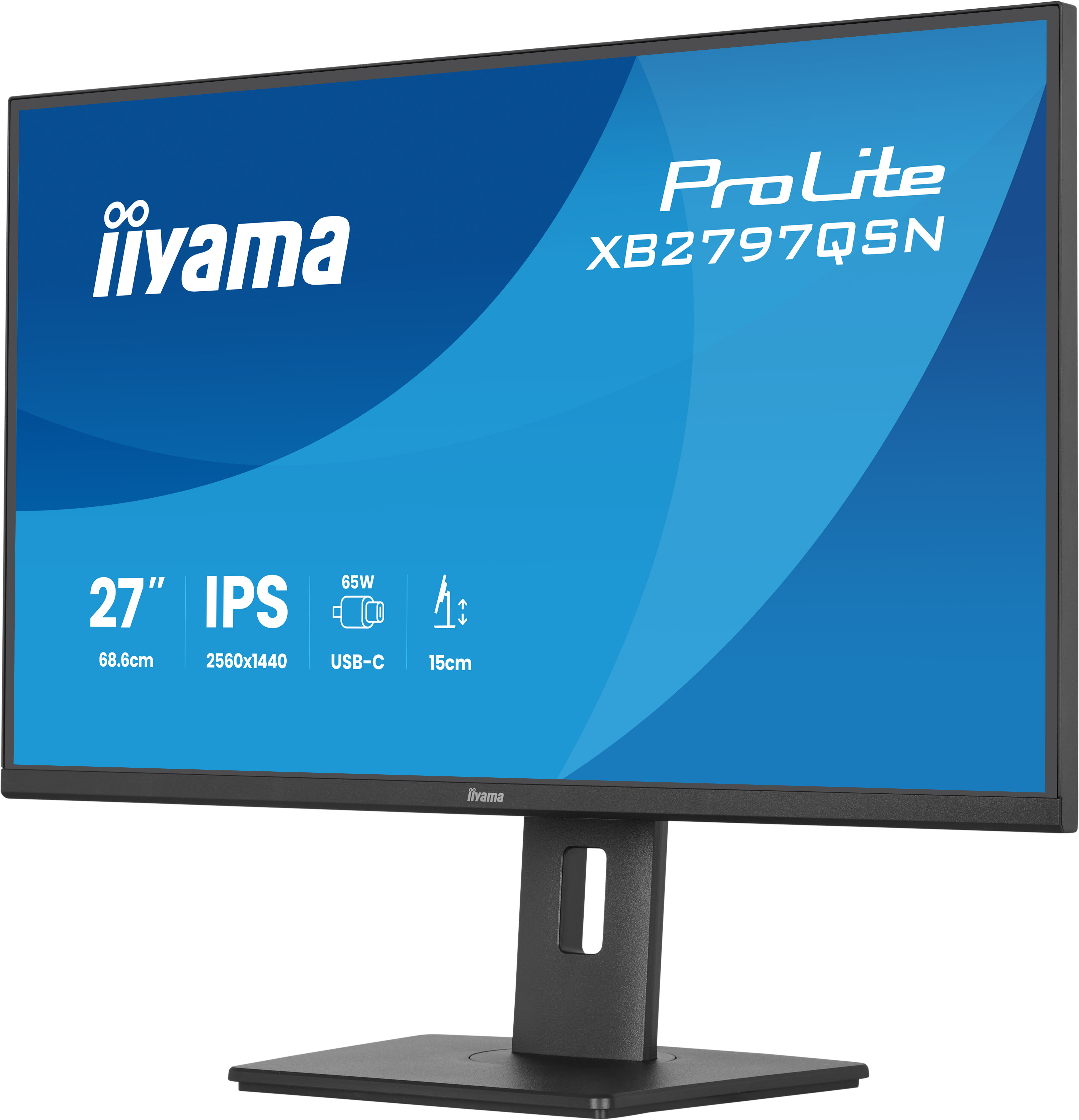 Ein schwarzer iiyama Monitor mit 27 Zoll, IPS-Panel, 65W, USB-C und 15cm Höhenverstellung.