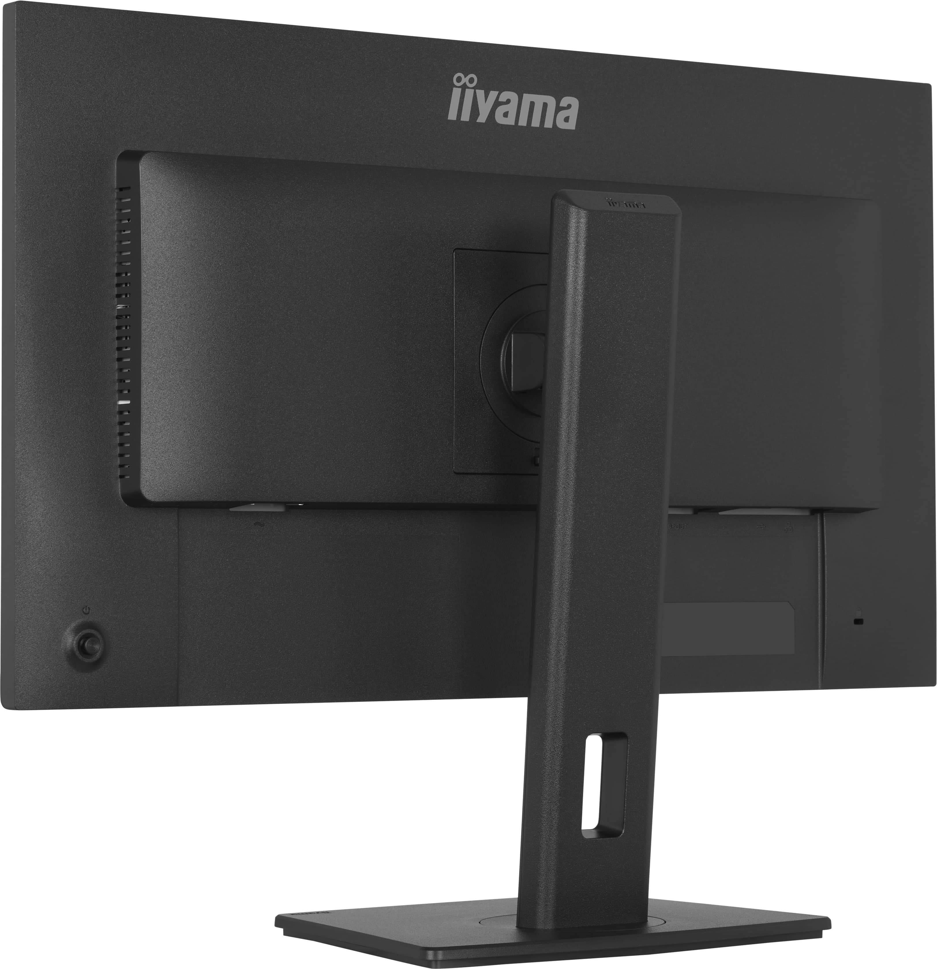 Rückseite eines schwarzen Monitors mit Standfuß und Iiyama-Logo.