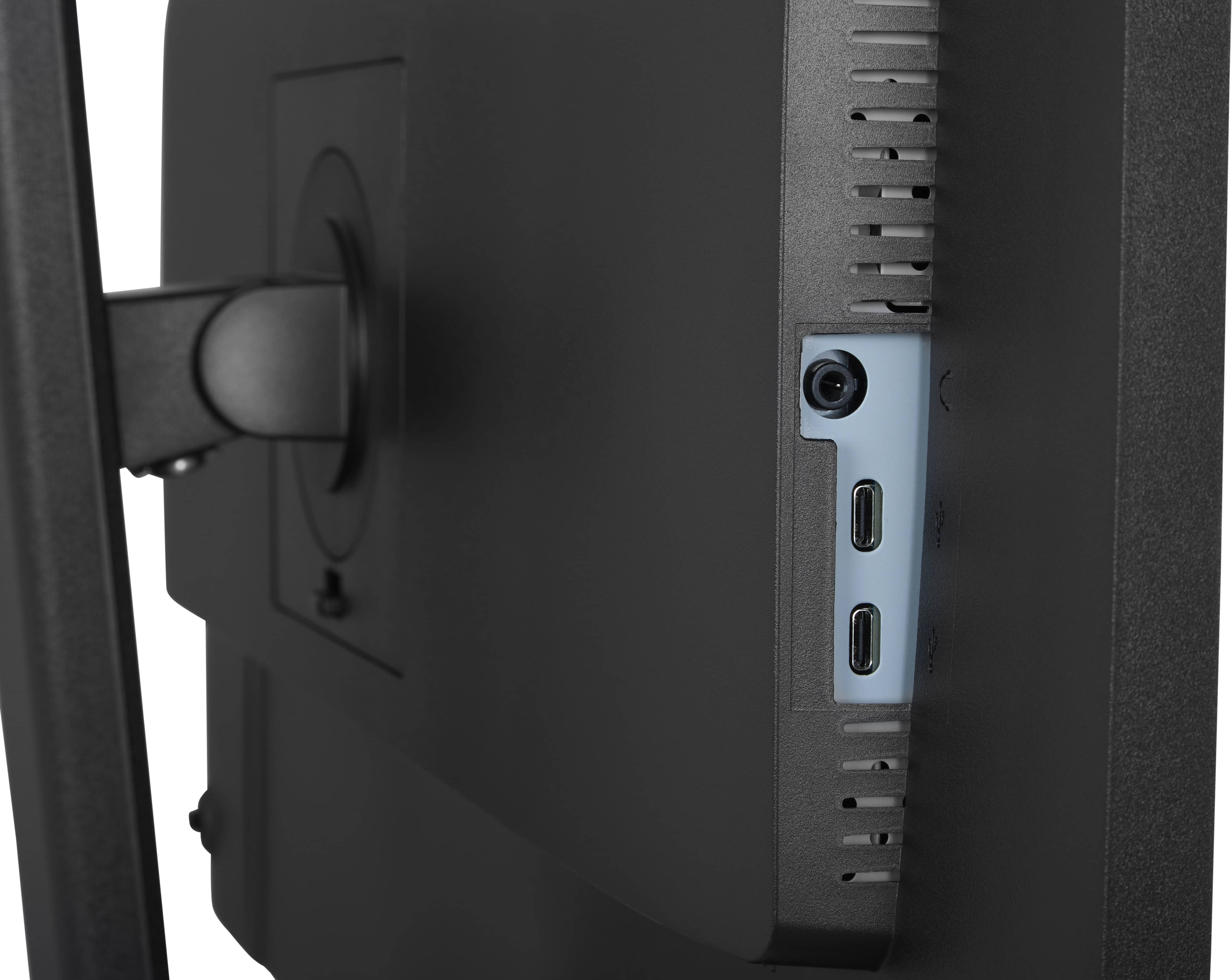 Nahaufnahme der Anschlüsse an der Seite eines schwarzen Monitors, mit USB-C und Stromanschluss.