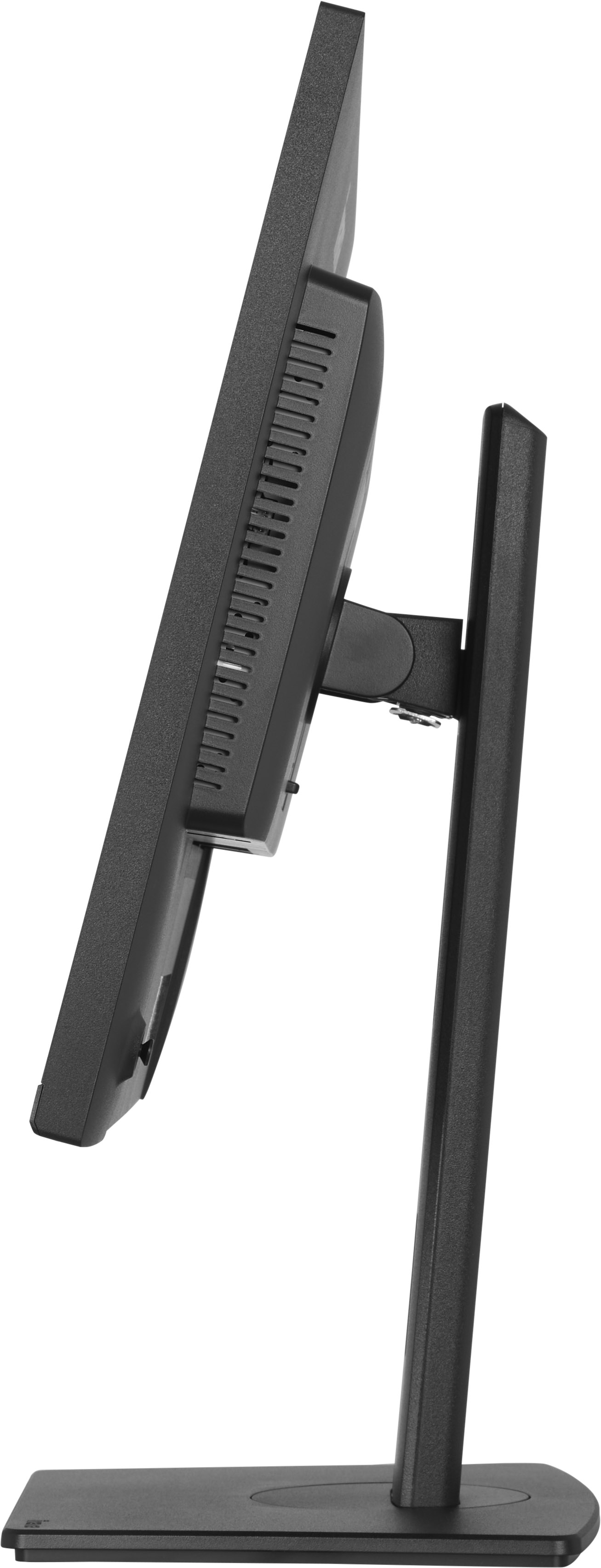 Schwarzer Computermonitor von der Seite mit Ständer und Basis.