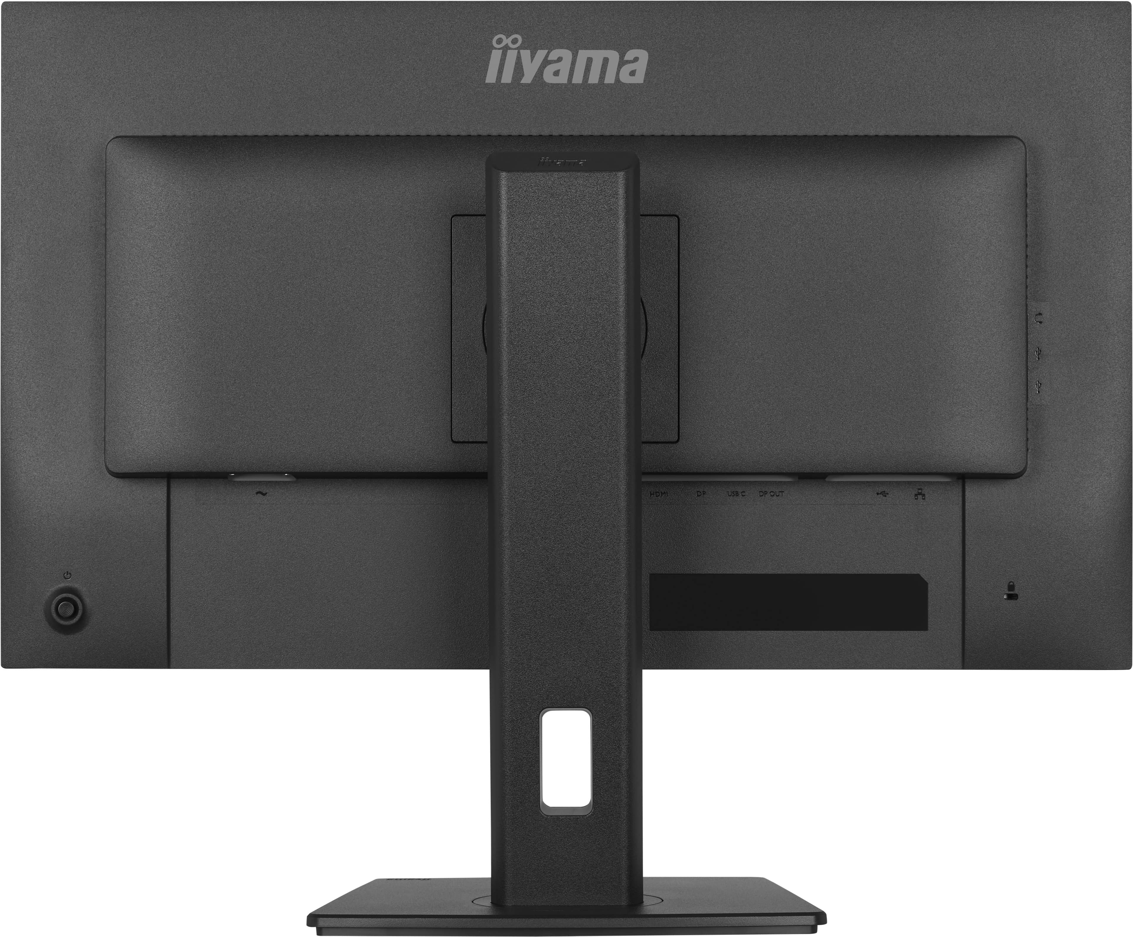 Rückseite eines schwarzen Monitors mit iiyama-Logo und Anschlüssen.
