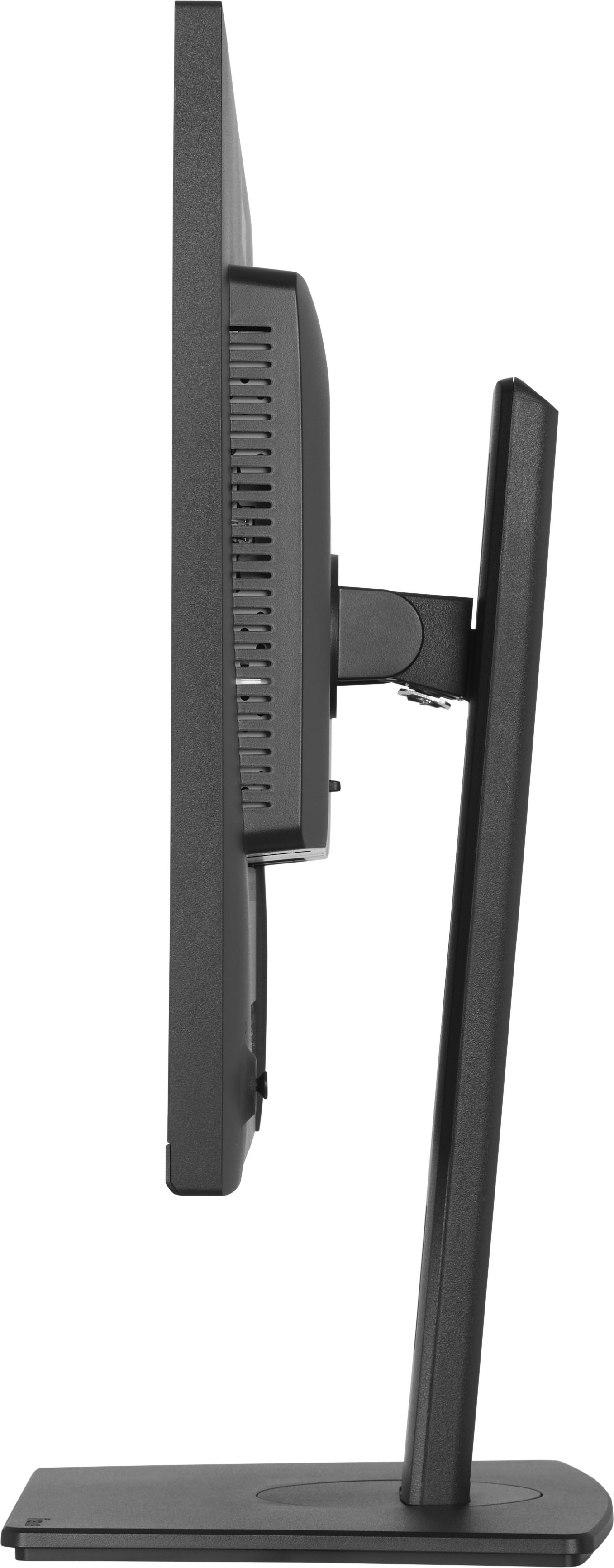 Schwarzer Computermonitor mit Standfuß, von der Seite gesehen.