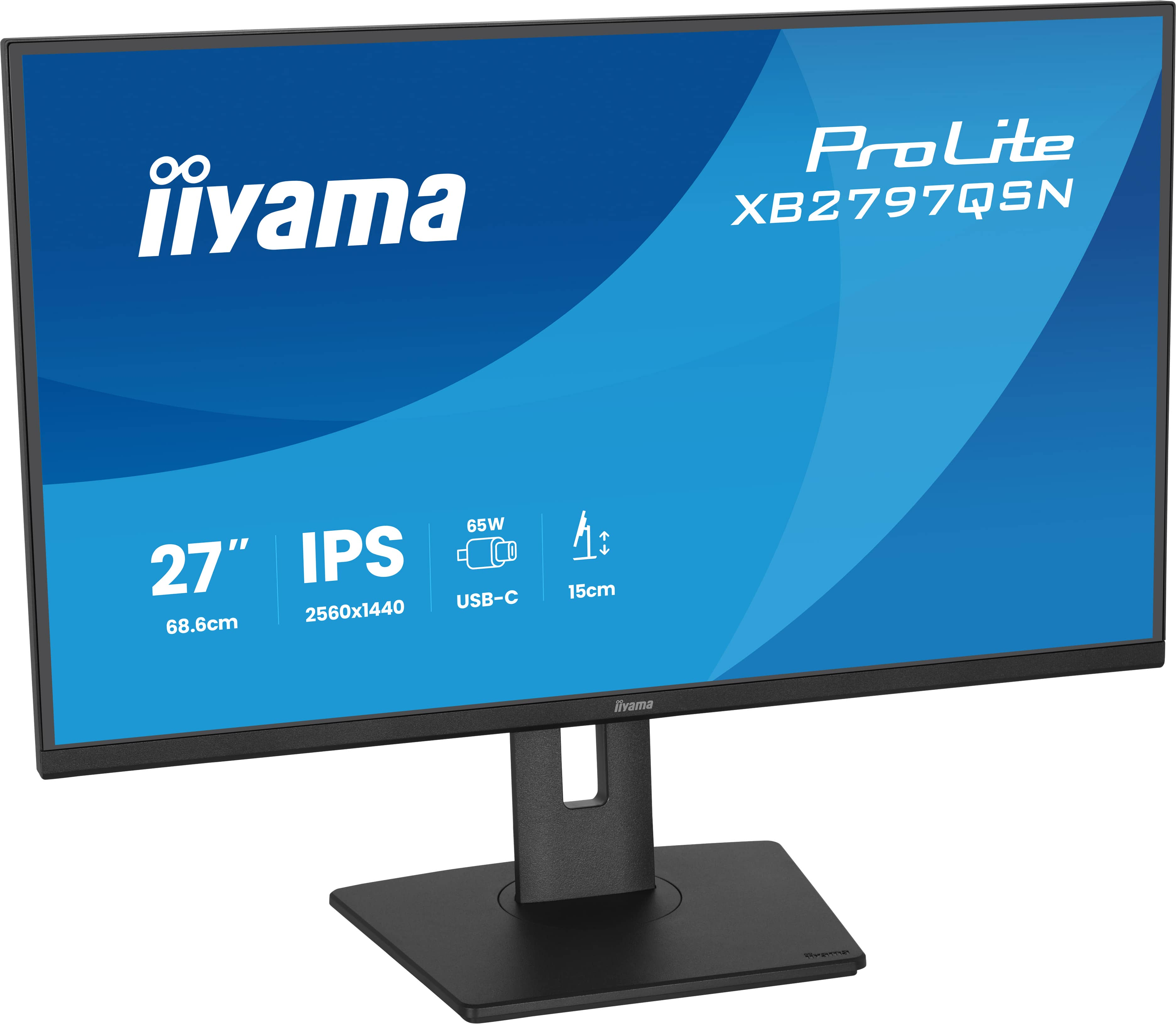 Ein schwarzer Iiyama 27-Zoll-IPS-Monitor mit USB-C-Anschluss und 15cm Höhenverstellung.