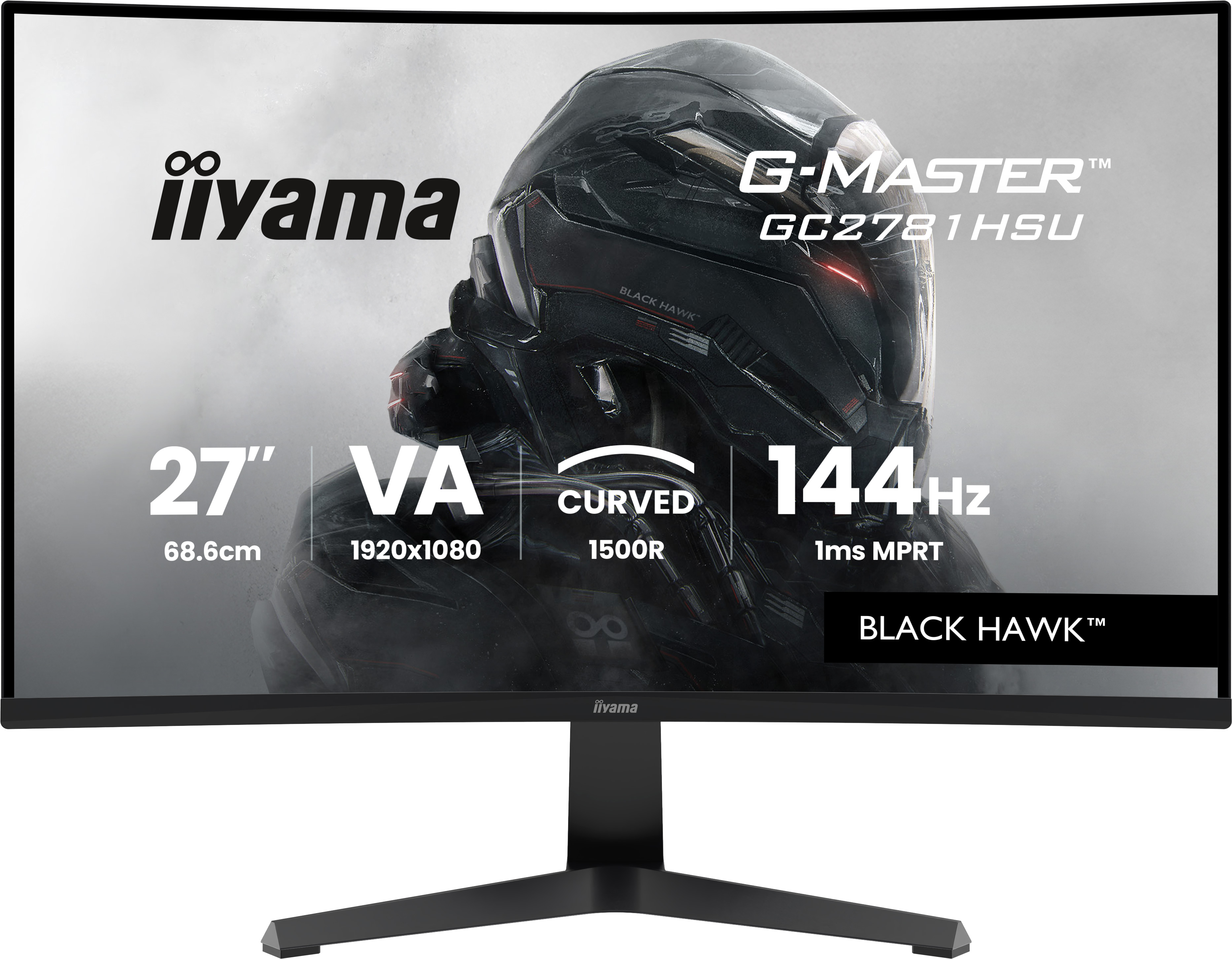 Ein gebogener 27-Zoll-Gaming-Monitor mit schwarzem "Black Hawk"-Design.