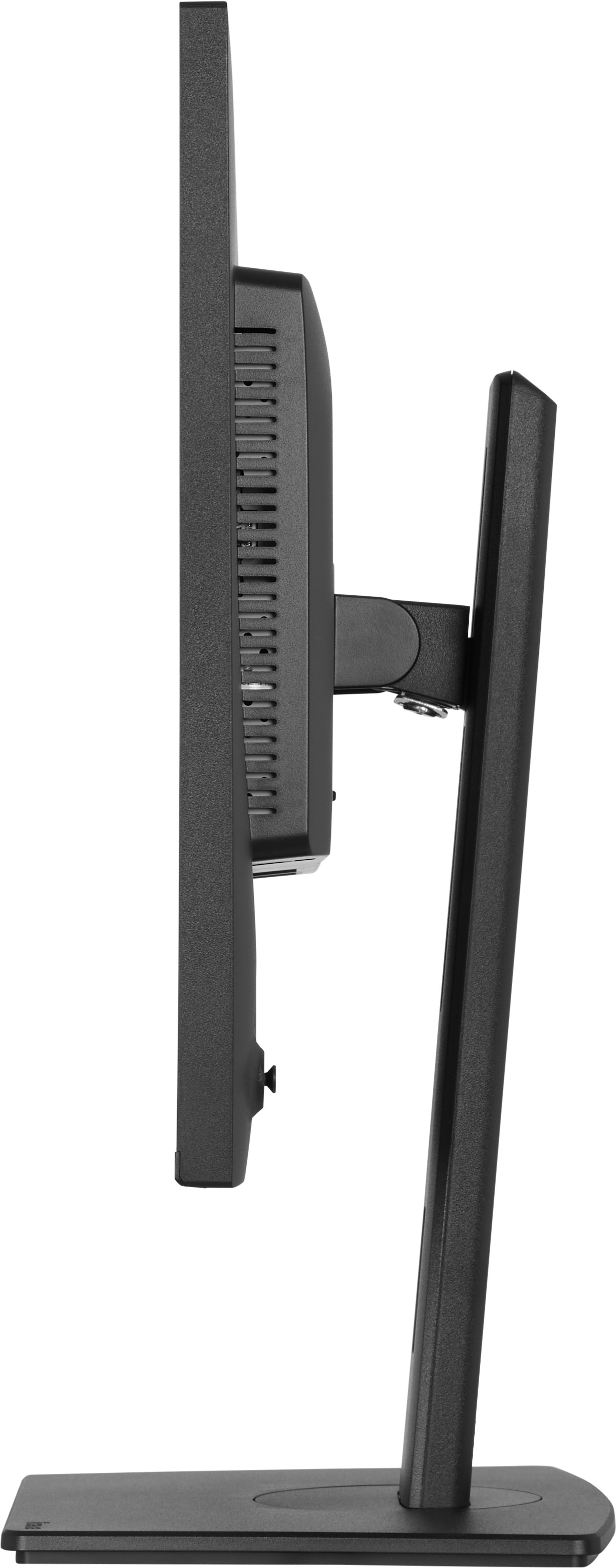 Seitenansicht eines schwarzen Monitors mit Standfuß und schwenkbarem Arm.