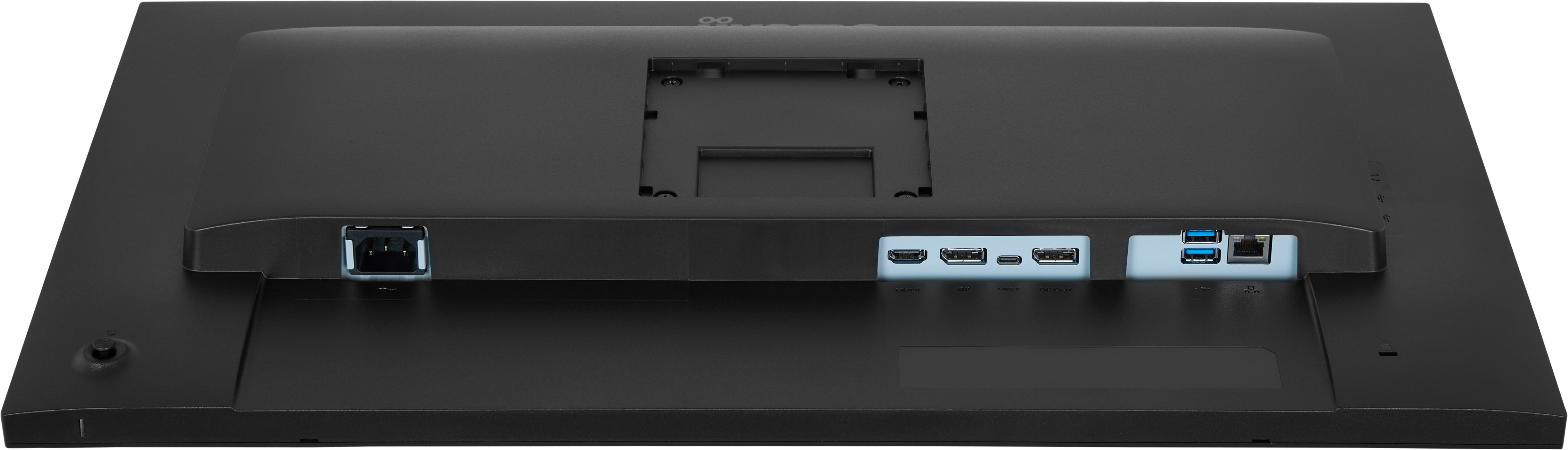 Rückseite eines schwarzen Monitors mit Anschlüssen: Strom, HDMI, DP, USB-C, USB-A und Ethernet.