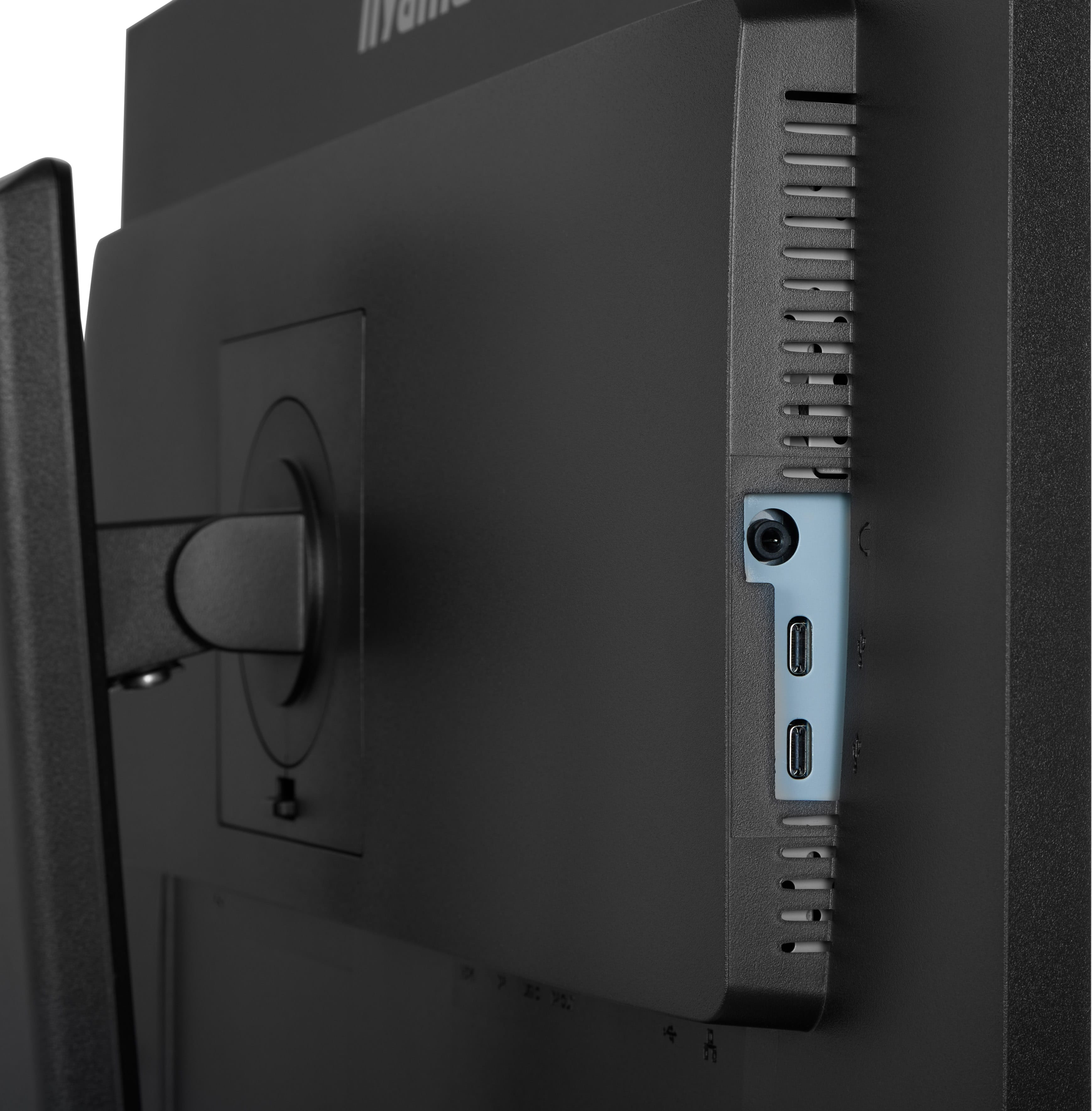 Rückseite eines schwarzen Monitors mit Anschlüssen, darunter USB-C.