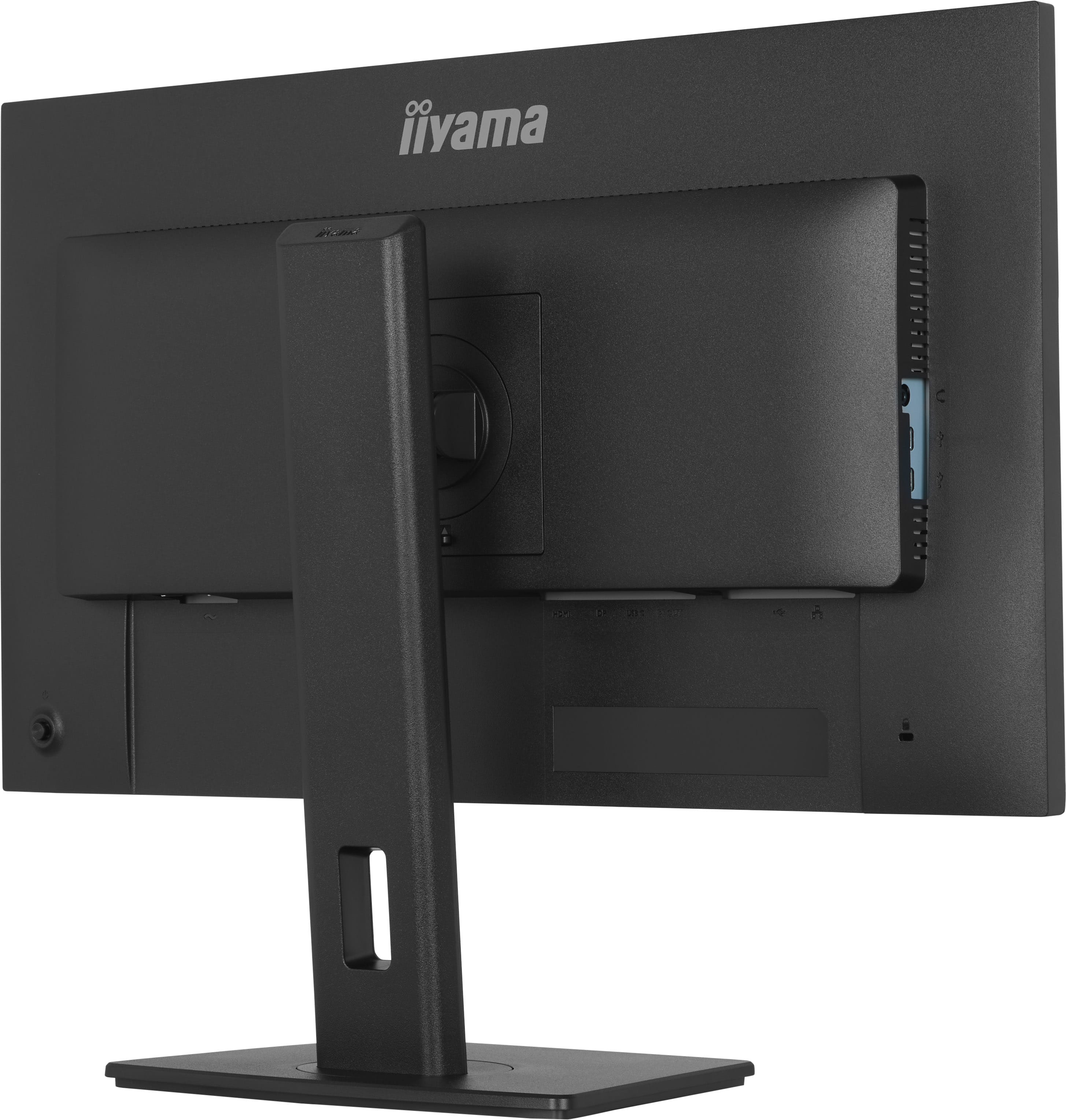 Rückseite eines schwarzen Monitors mit iiyama-Logo, Ständer und Anschlüssen.