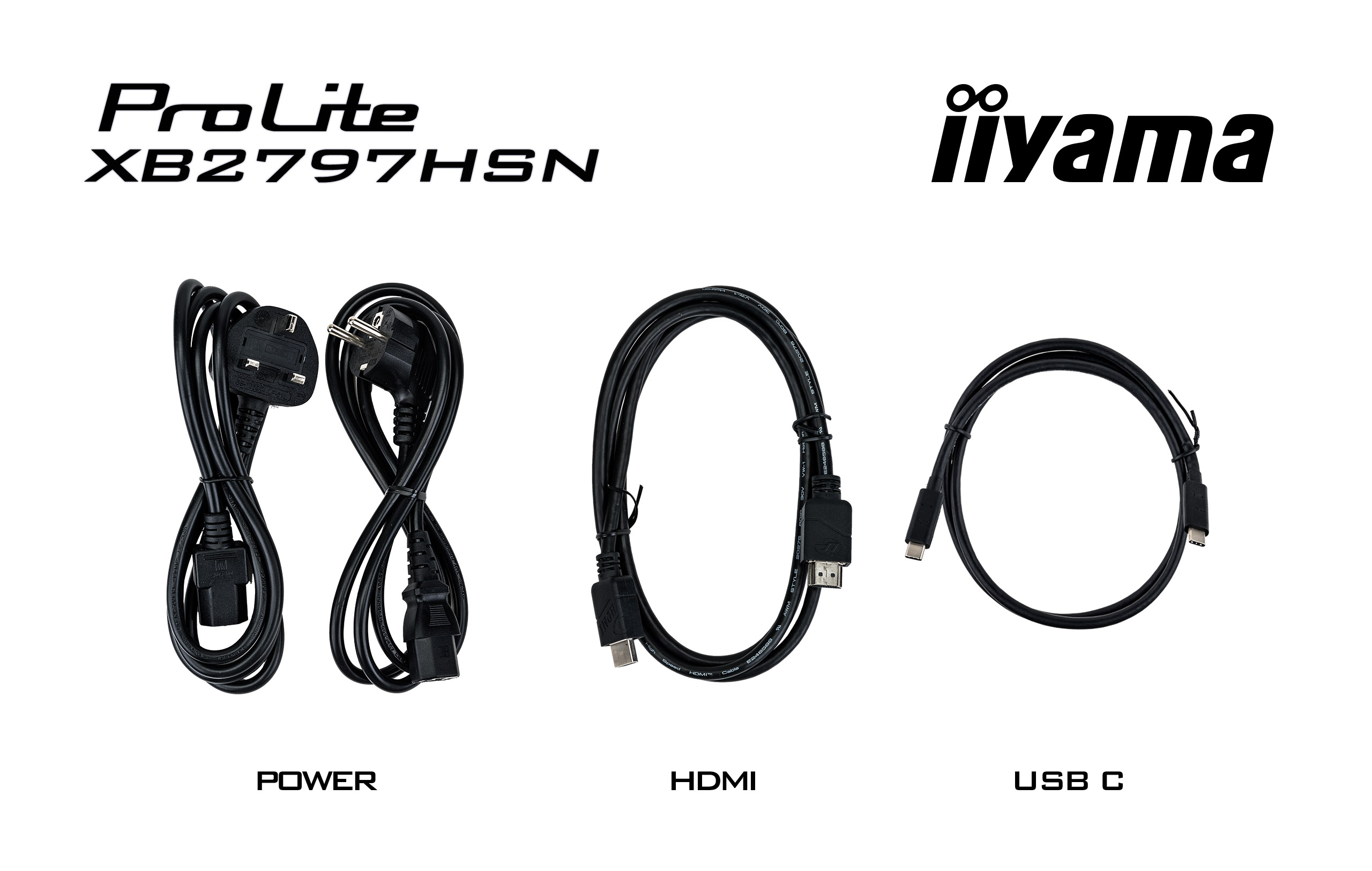 Drei schwarze Kabel: Strom, HDMI und USB-C, auf weißem Grund.