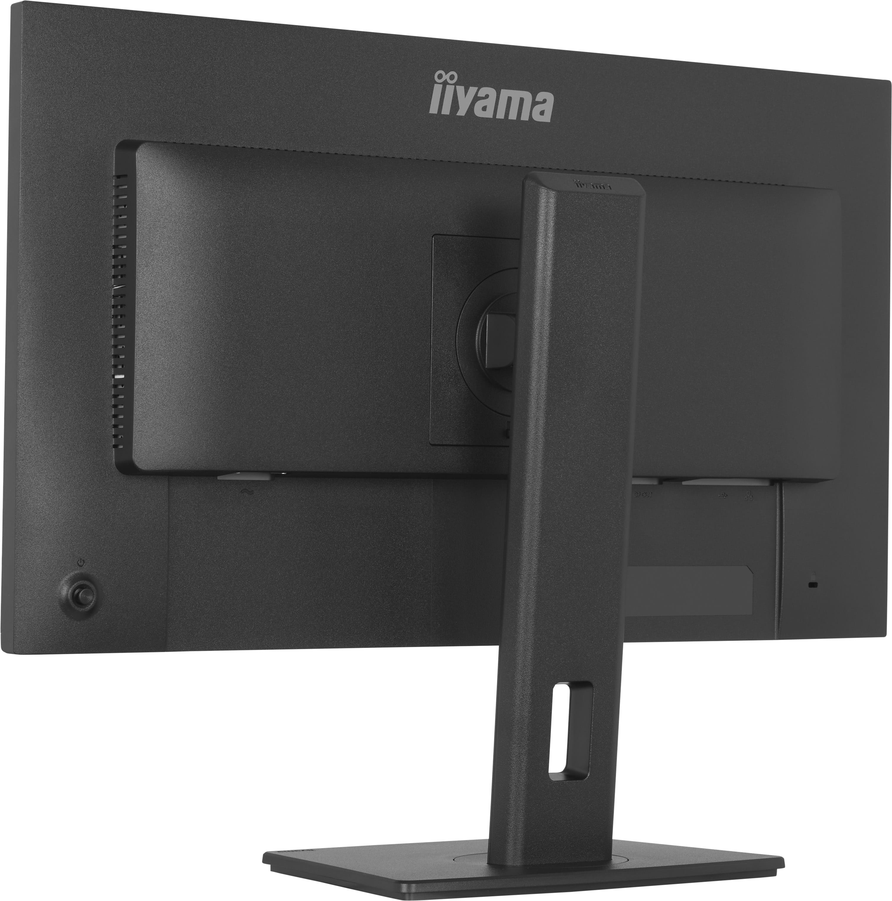 Rückseite eines schwarzen Monitors mit Standfuß und Anschlüssen.