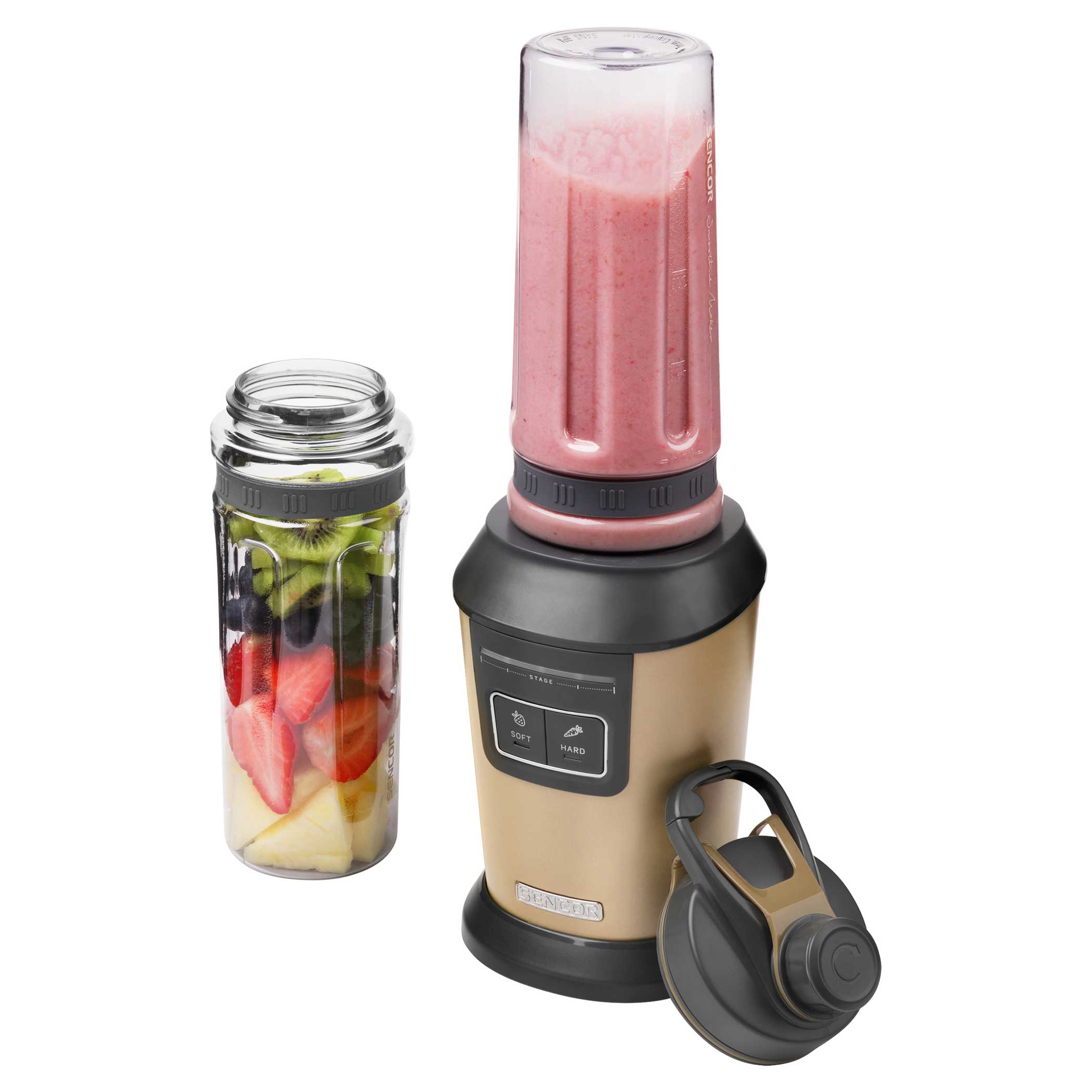 Egy arany smoothie gép gyümölcsökkel teli tartállyal és kész smoothie-val.