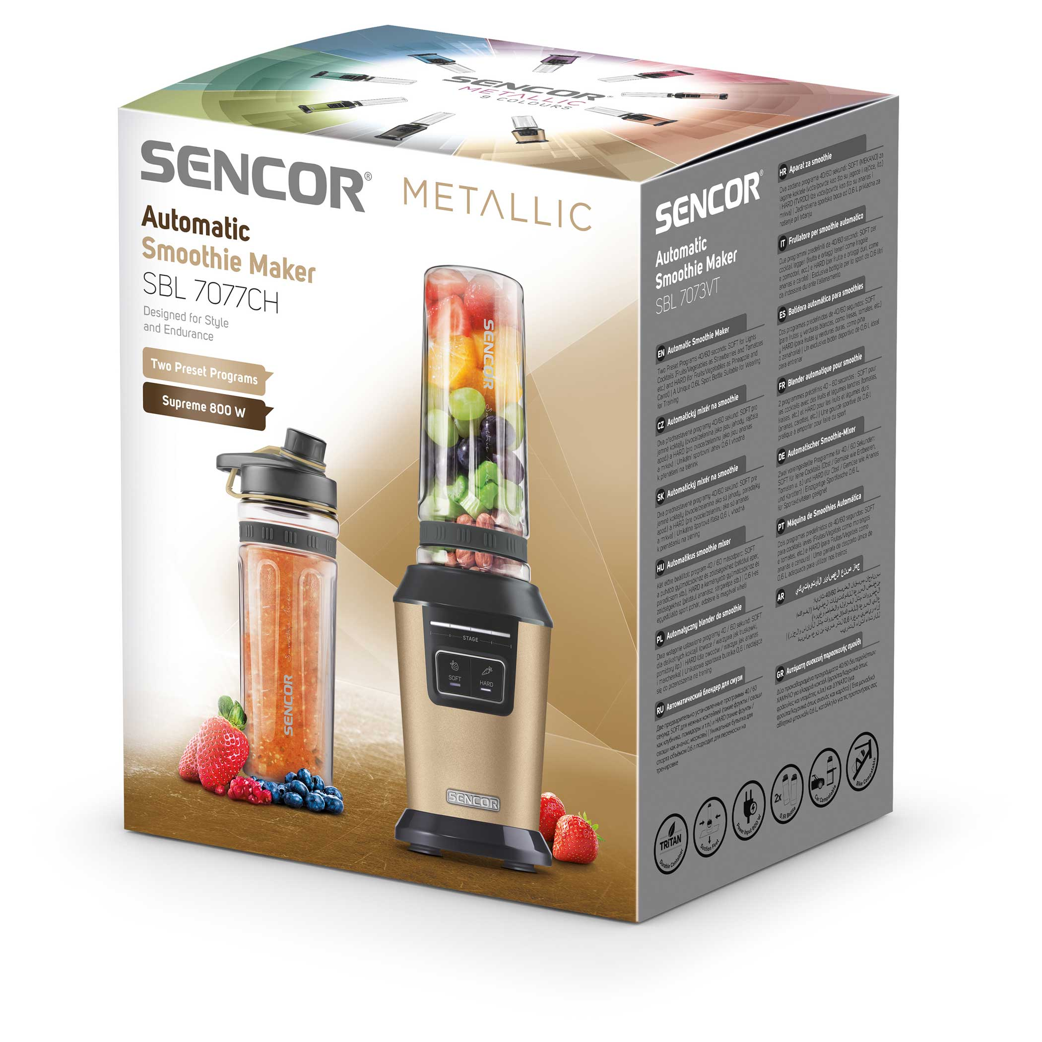 SENCOR Smoothie Maker csomagolása gyümölcsökkel és kezelőszervekkel.