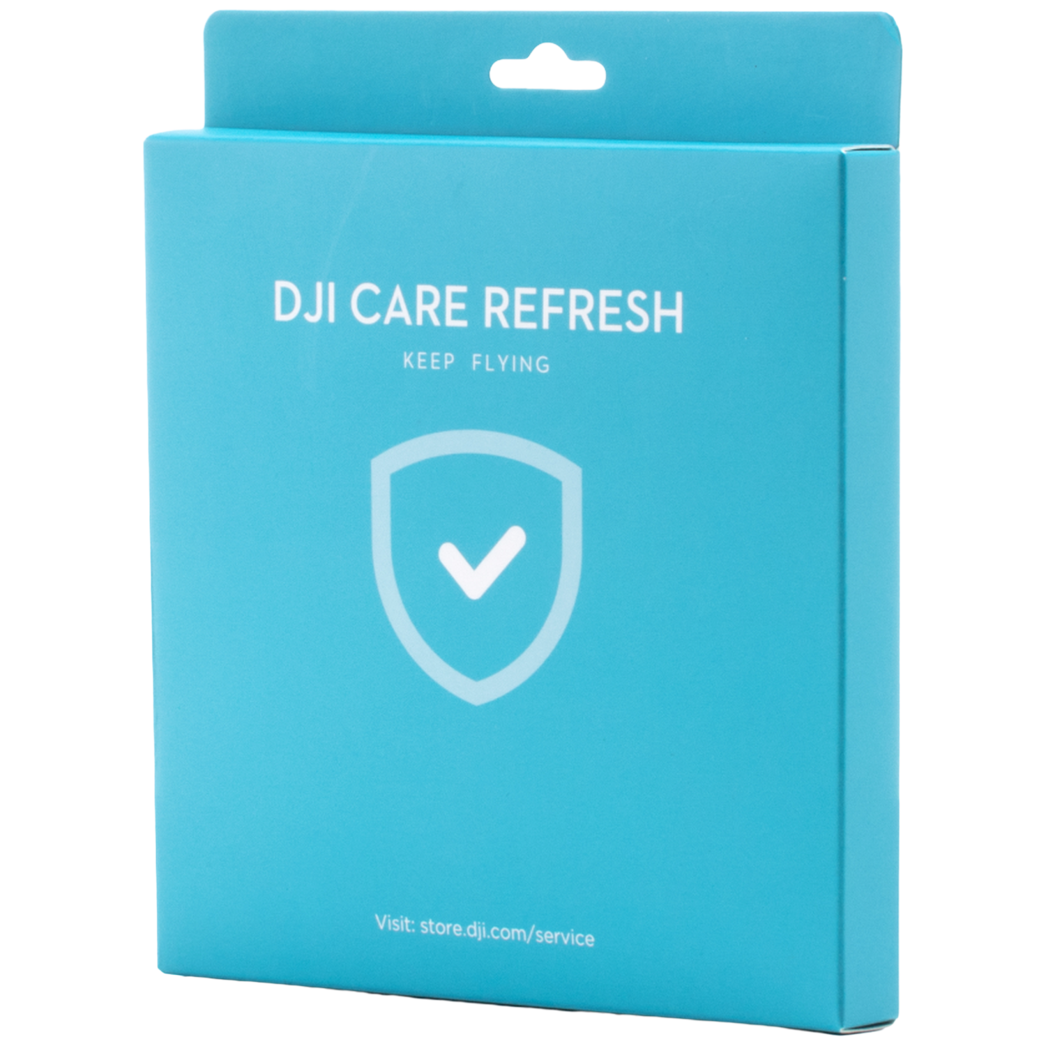 Blauwe doos met DJI CARE REFRESH logo en website visit store.dji.com/service.
