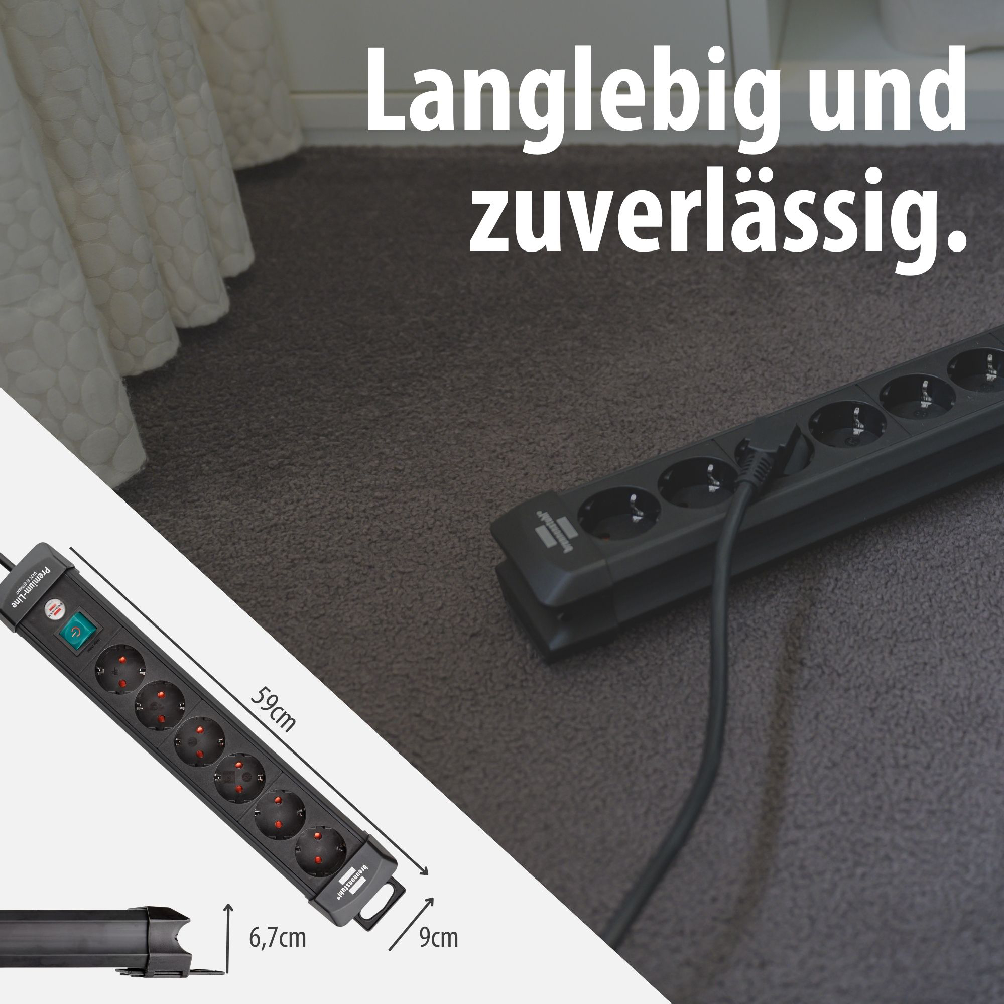 Schwarzer Mehrfachstecker (59cm) mit 8 Steckdosen und Schalter.