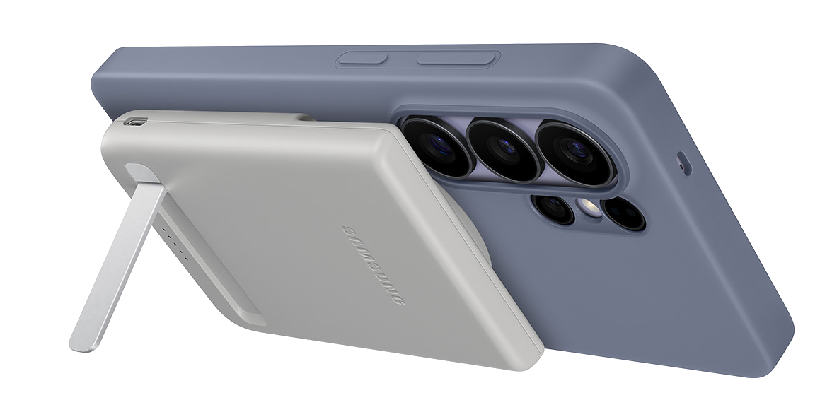 Un cargador gris Samsung con soporte está unido a la parte trasera de una funda de teléfono azul.