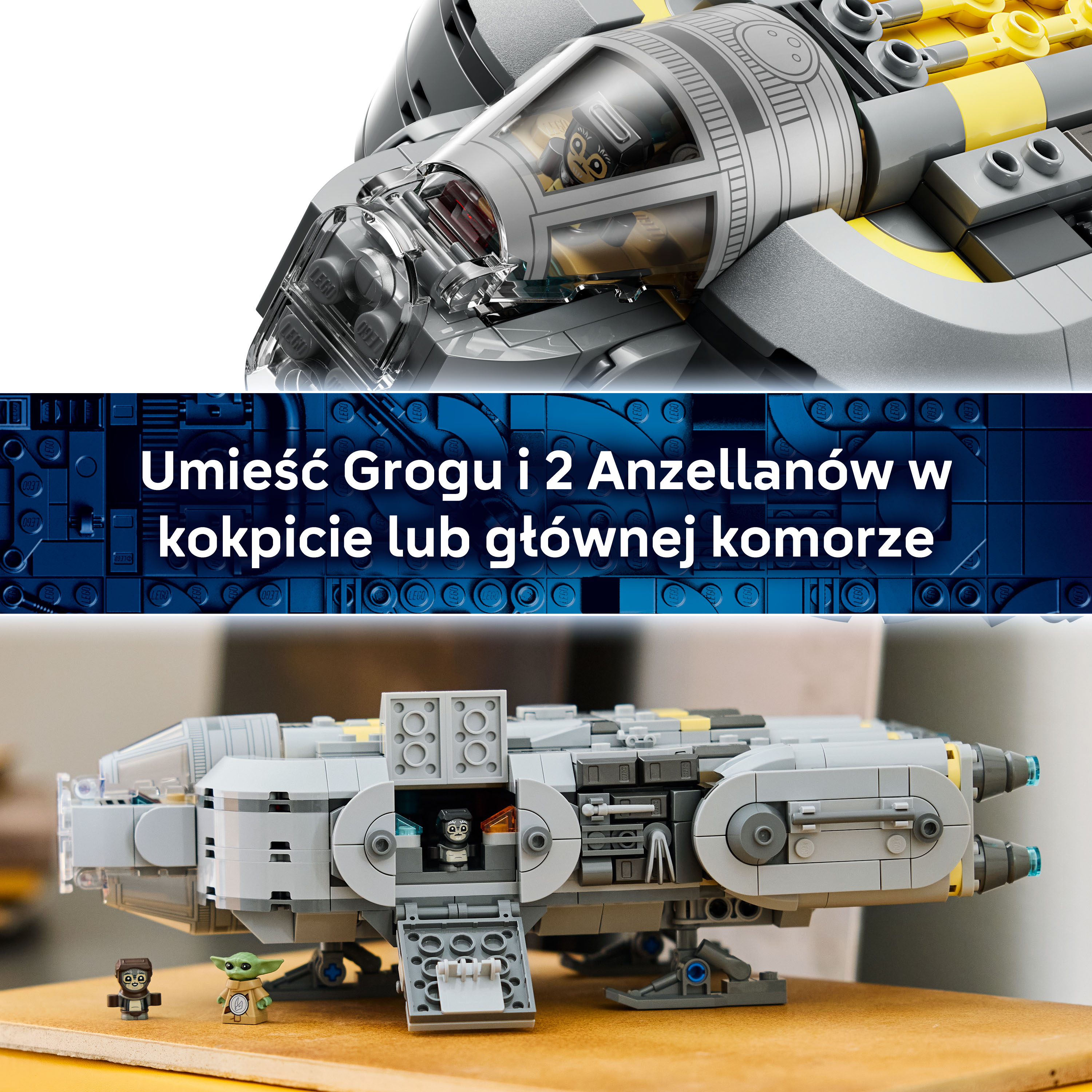 Szara łódź kosmiczna Lego z figurkami Grogu i dwóch Anzellan.