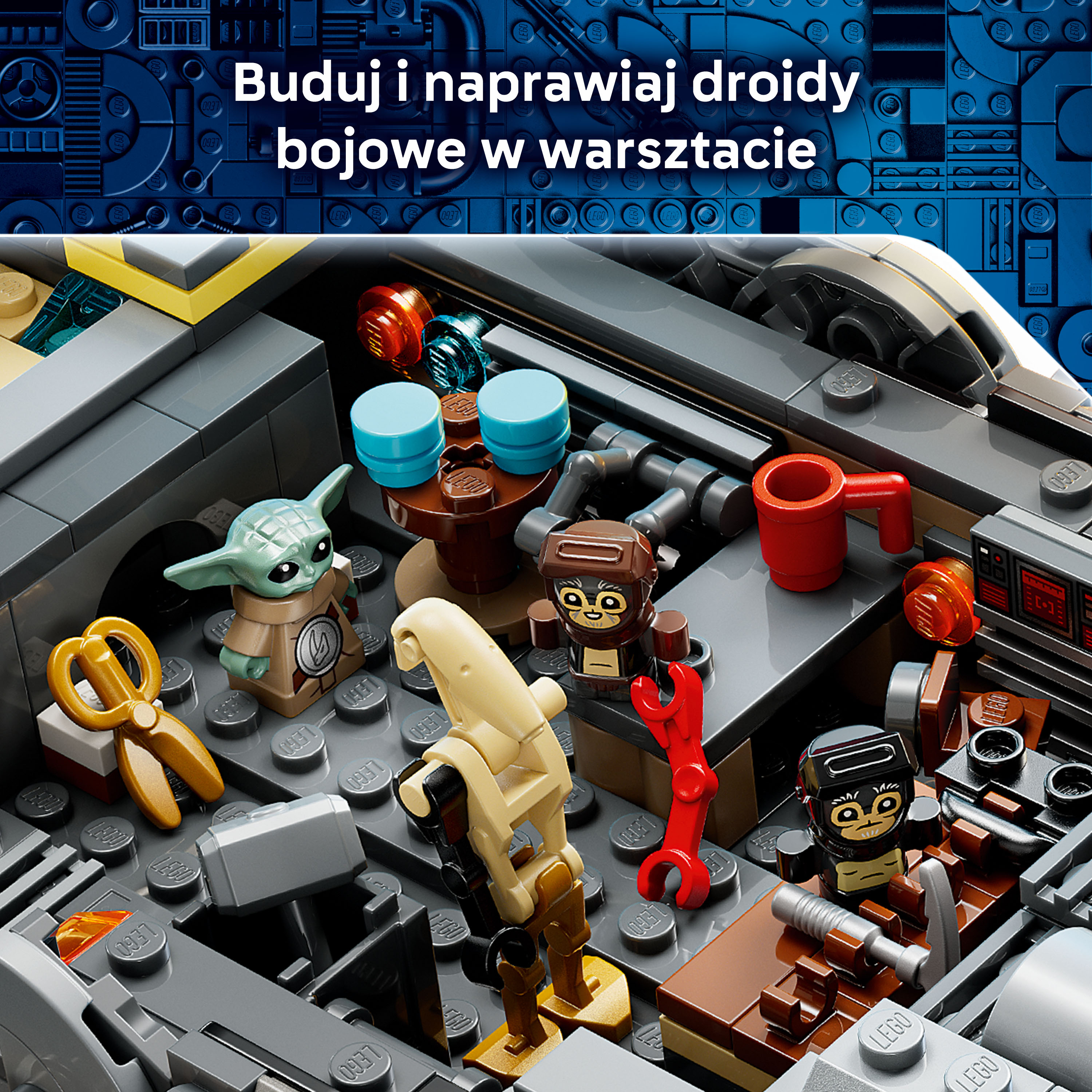 Warsztat LEGO z Baby Yodą, droidami i narzędziami. Niebieski, szary, brązowy, żółty.