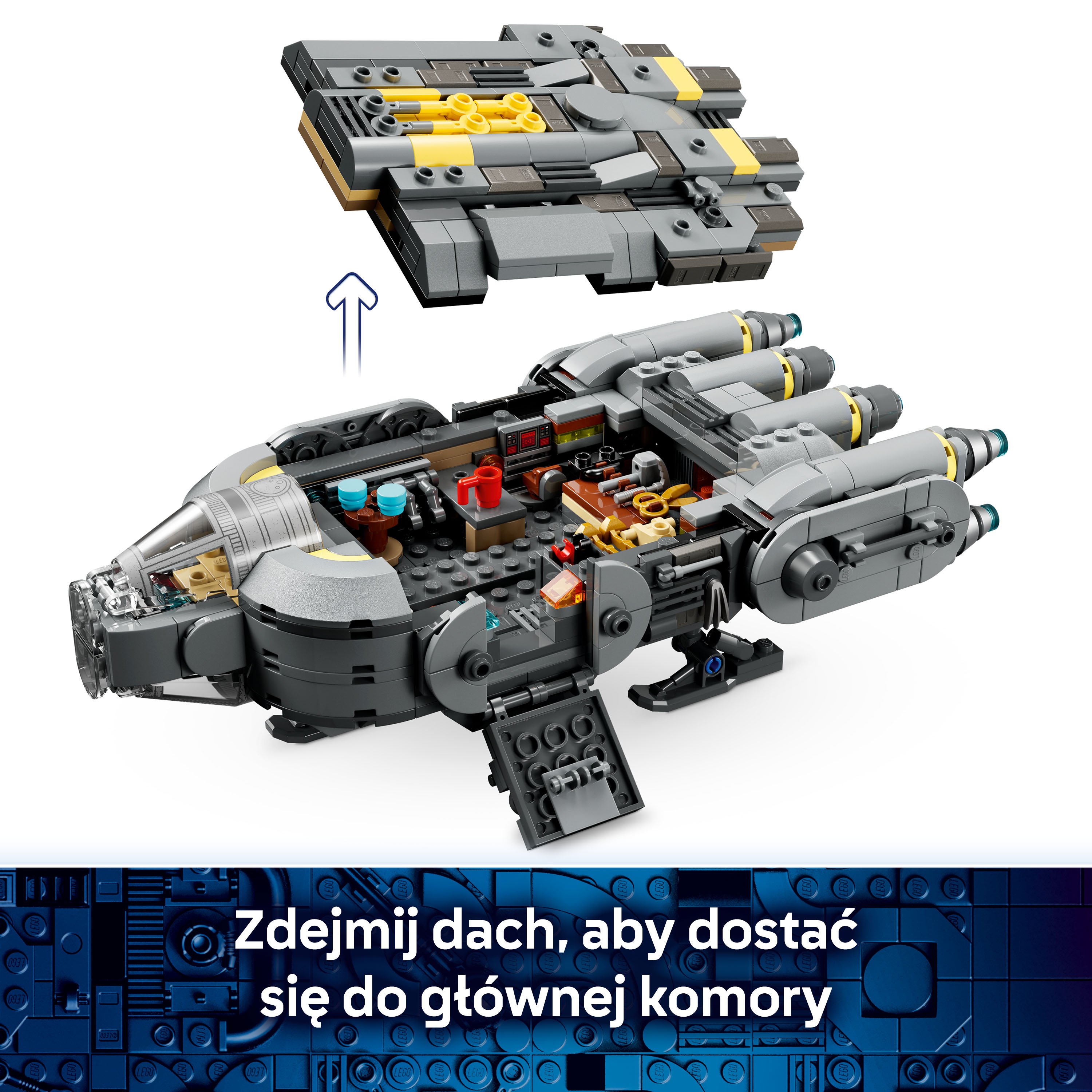Statek kosmiczny LEGO ze zdjętym dachem, ukazujący szczegółowe wnętrze.