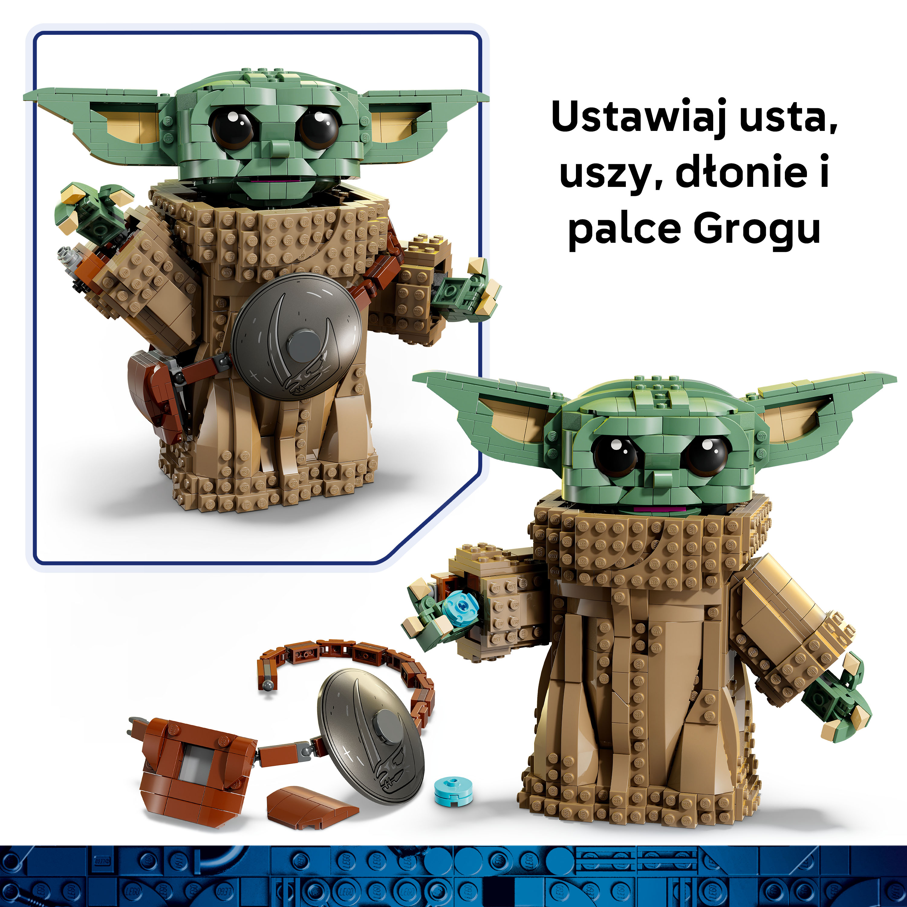 Model Lego Grogu z regulowanymi ustami, uszami, dłońmi i palcami.