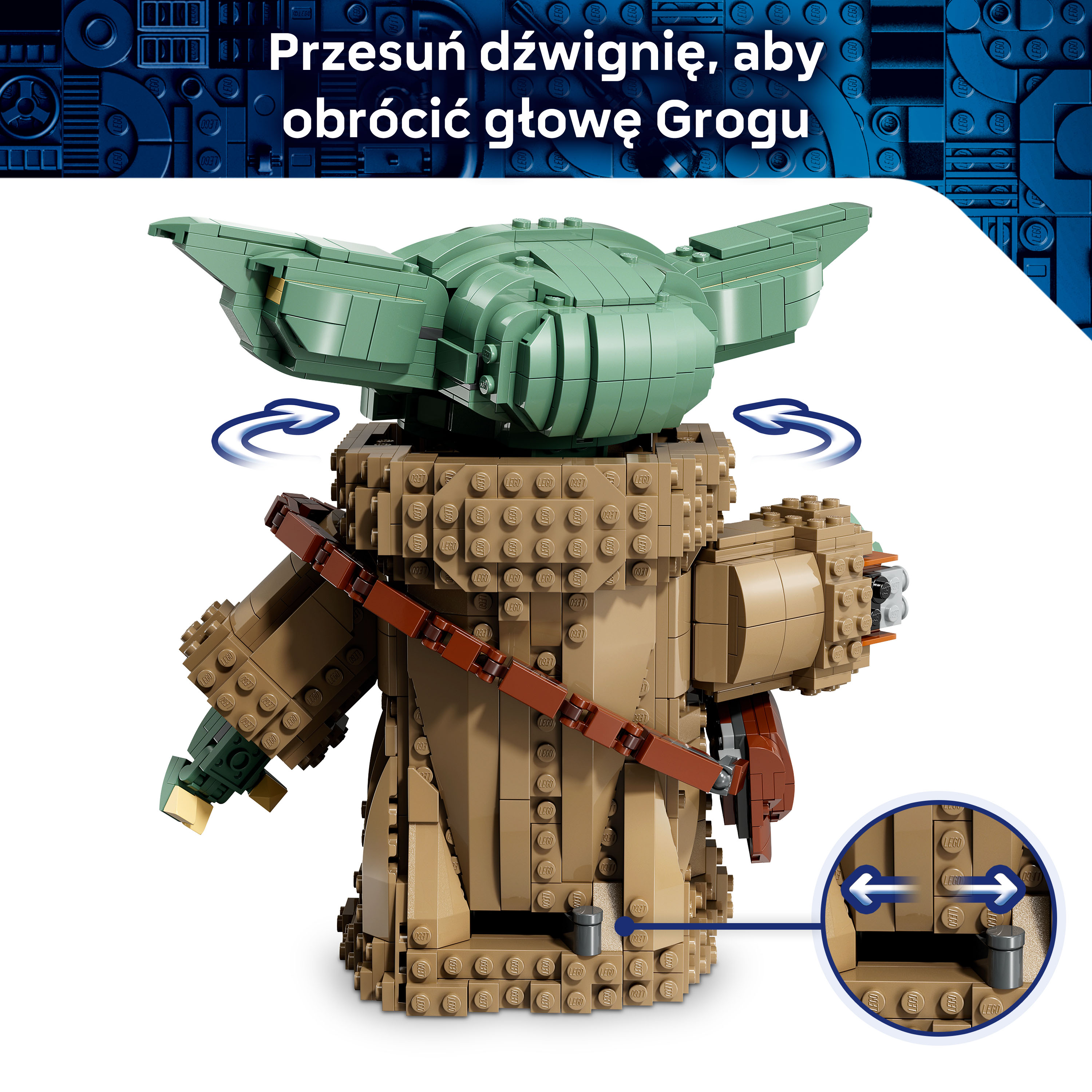 Model Lego Grogu w brązowej szacie i z zielonymi uszami. Strzałka wskazuje funkcję.