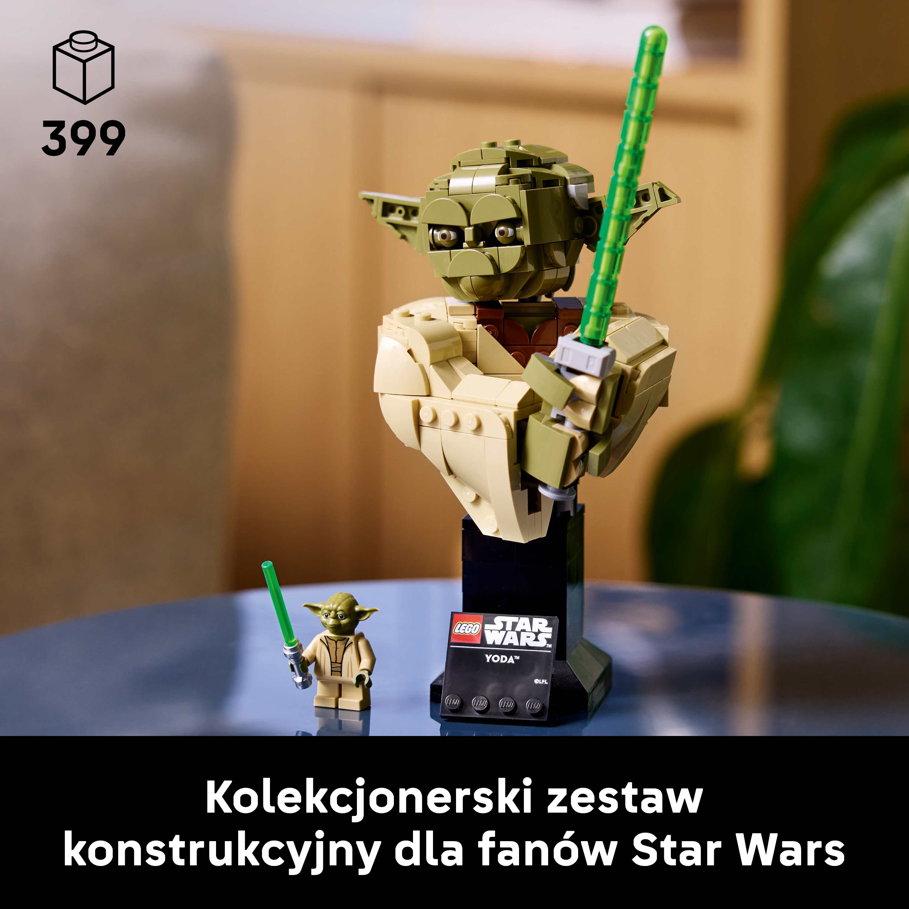 Zestaw Lego Yoda z mieczem świetlnym i minifigurką.