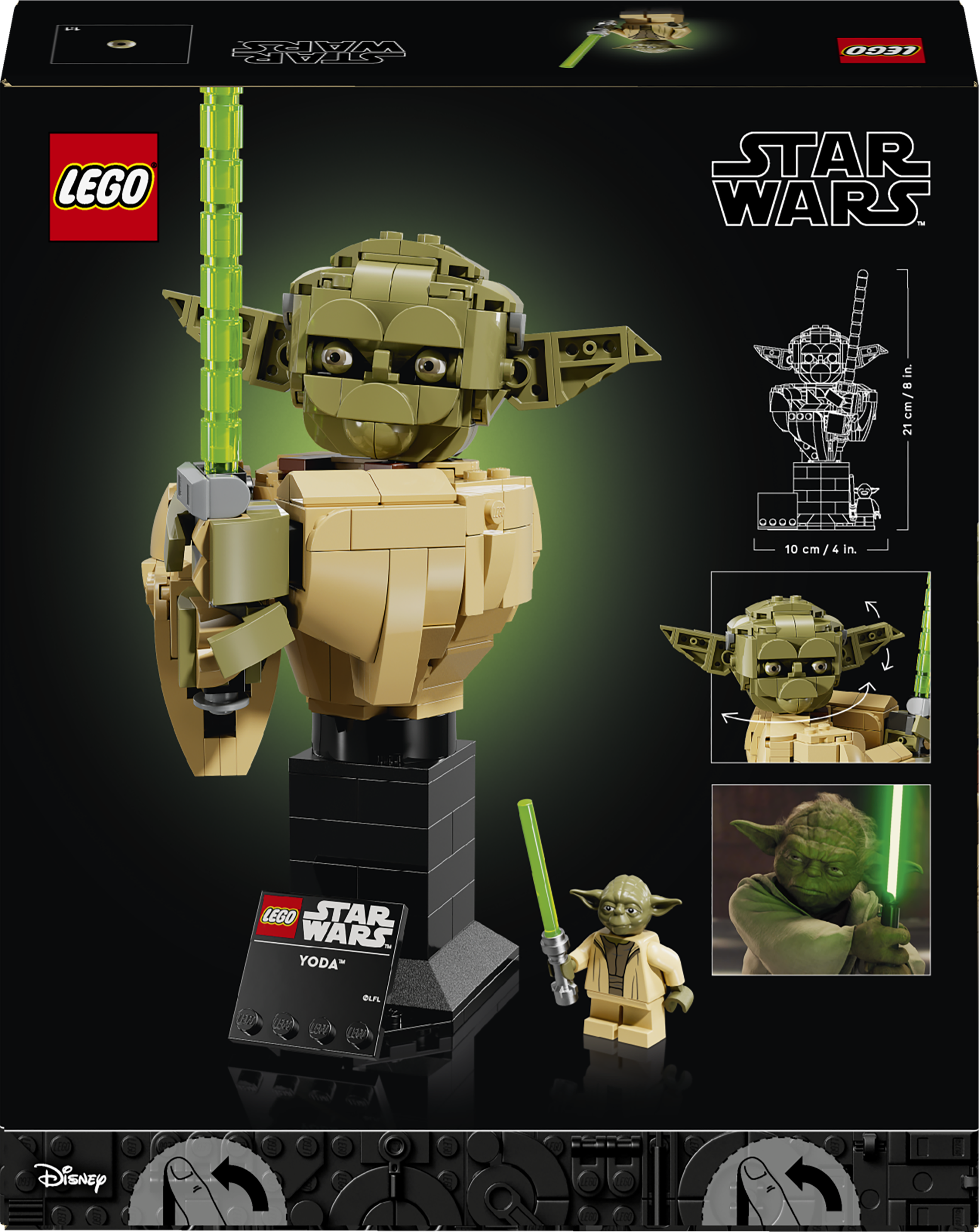 Busto LEGO Yody z mieczem świetlnym na czarnym postumencie.