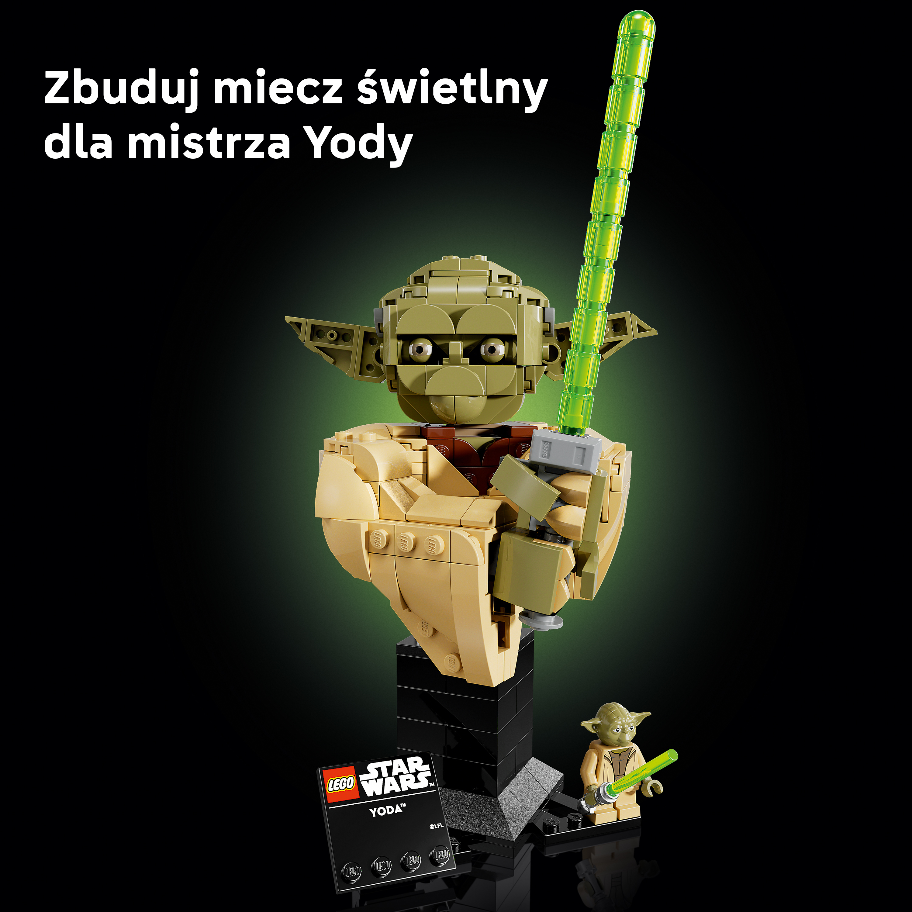 Kolekcjonerski popiersie LEGO Star Wars Yody z zielonym mieczem świetlnym. Zawiera minifigurkę.