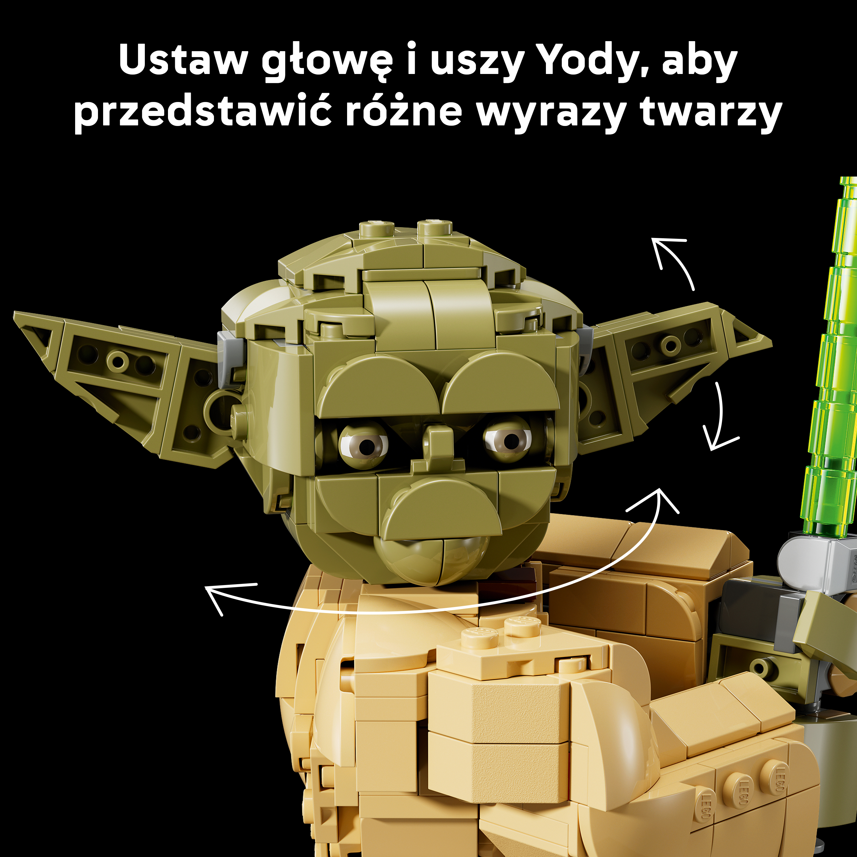 Głowę i uszy LEGO Yody można ustawić, aby pokazać różne miny.