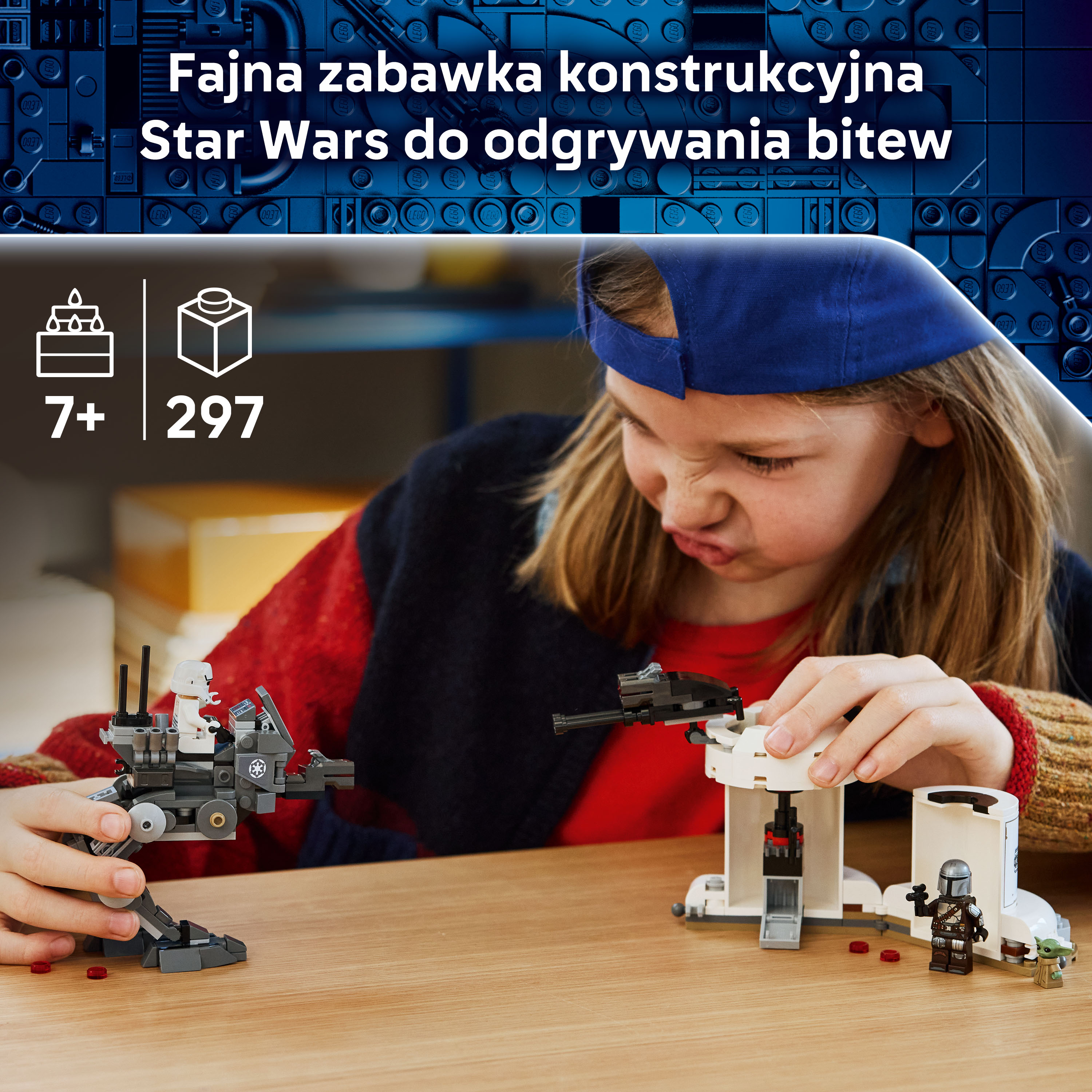 Dziecko buduje zestaw Lego Star Wars z postaciami i pojazdami.