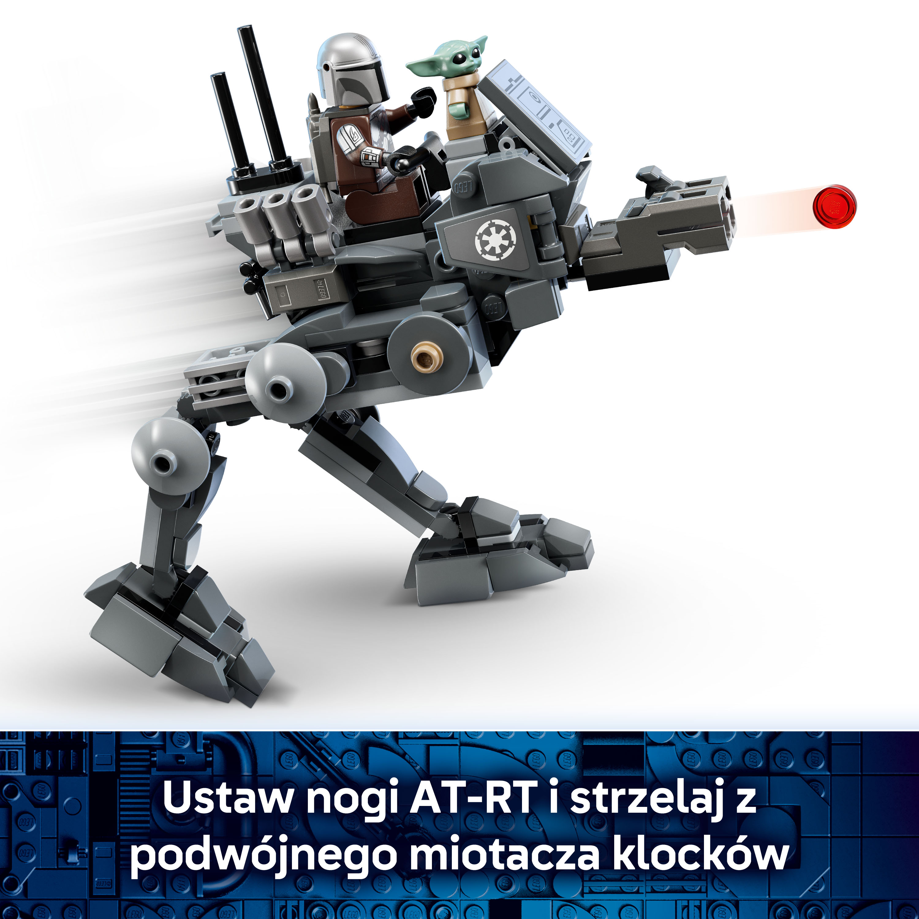 Mandalorian i Grogu jadą na LEGO AT-RT, który strzela.