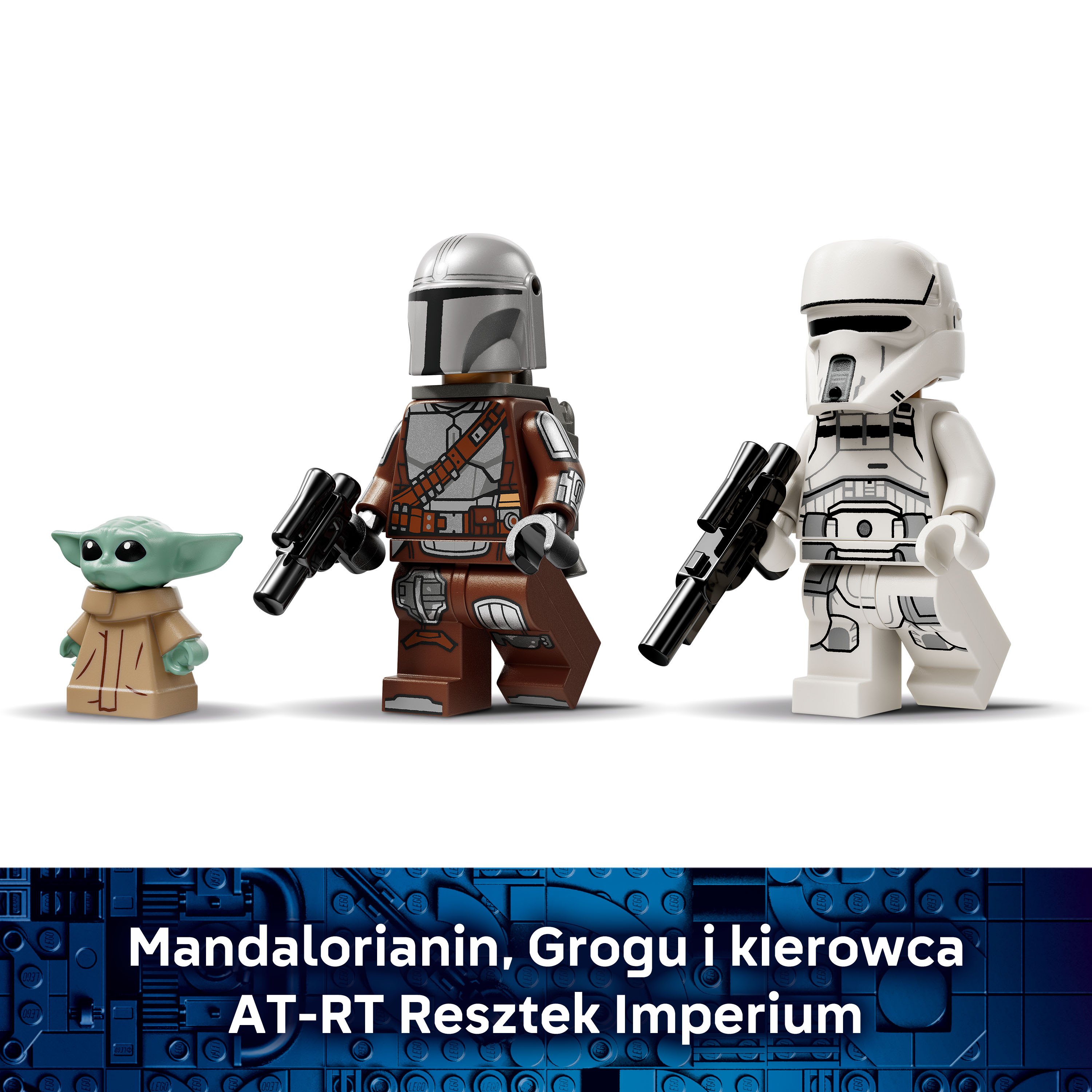 Trzy figurki Lego: Mandalorianin, Grogu i szturmowiec z blasterami.