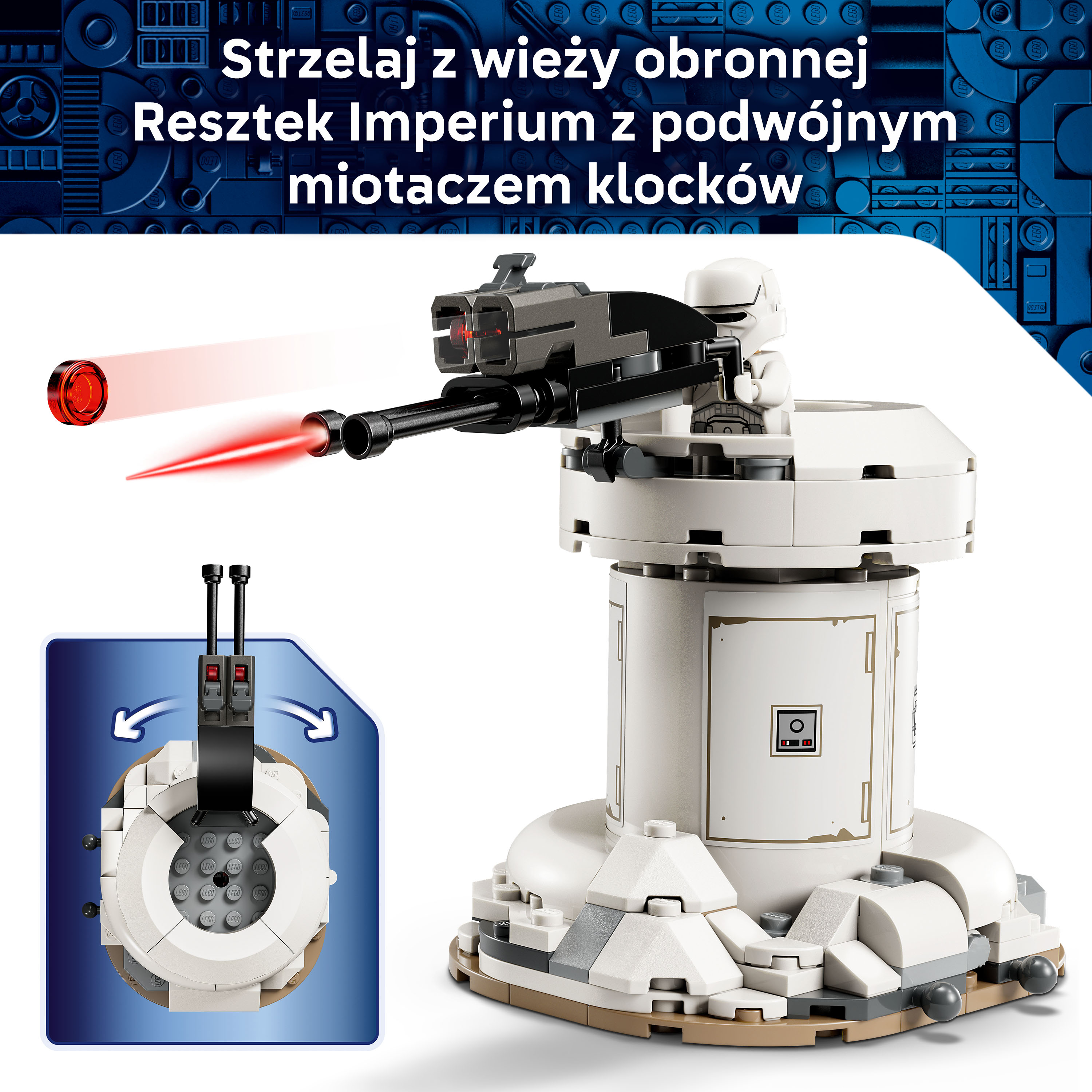 Biała wieża Lego z żołnierzem i dwoma czerwonymi promieniami lasera.