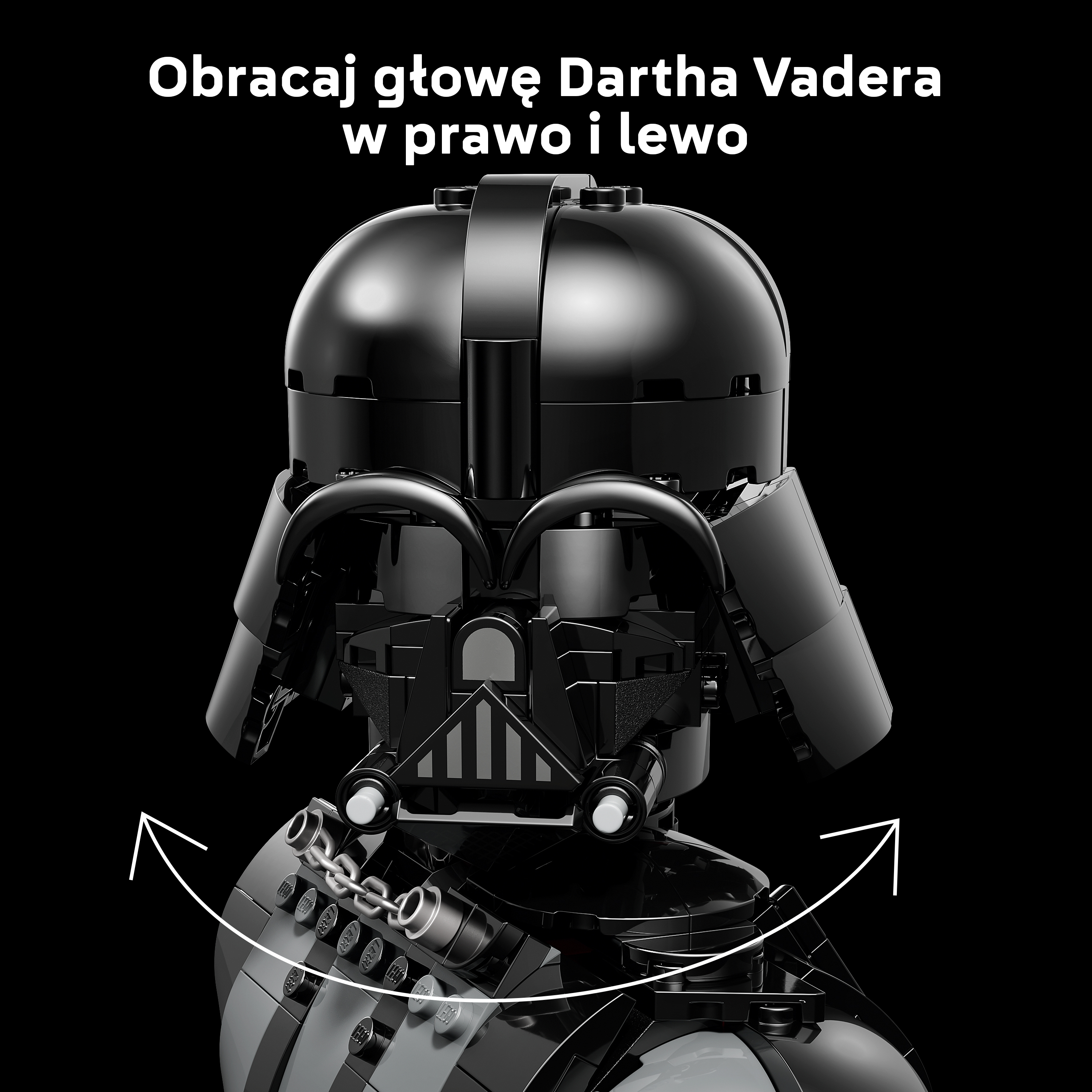 Model hełmu Dartha Vadera z klocków Lego ze strzałkami wskazującymi obrót.