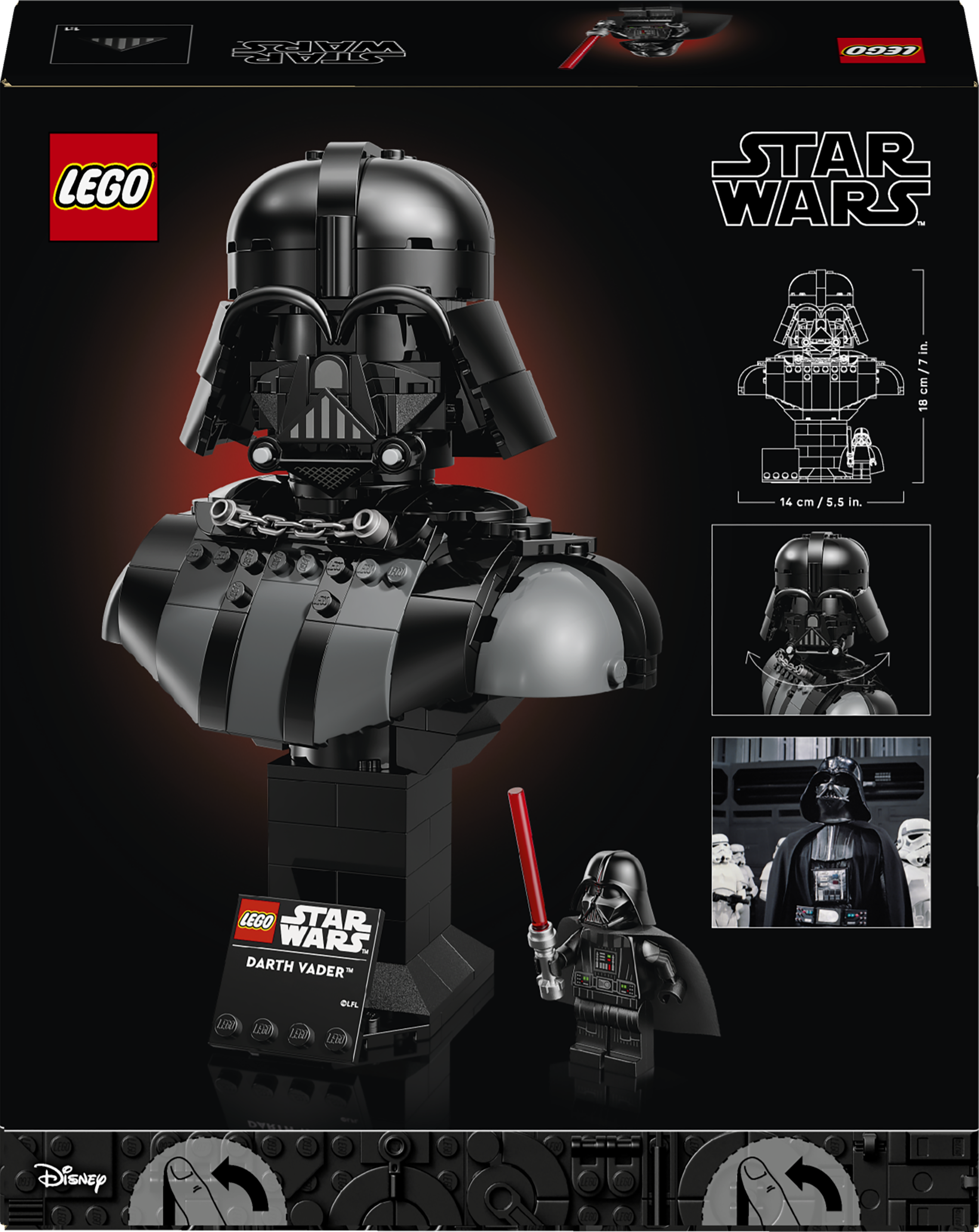 Popiersie LEGO Dartha Vadera z minifigurką i mieczem świetlnym. Logo Star Wars.