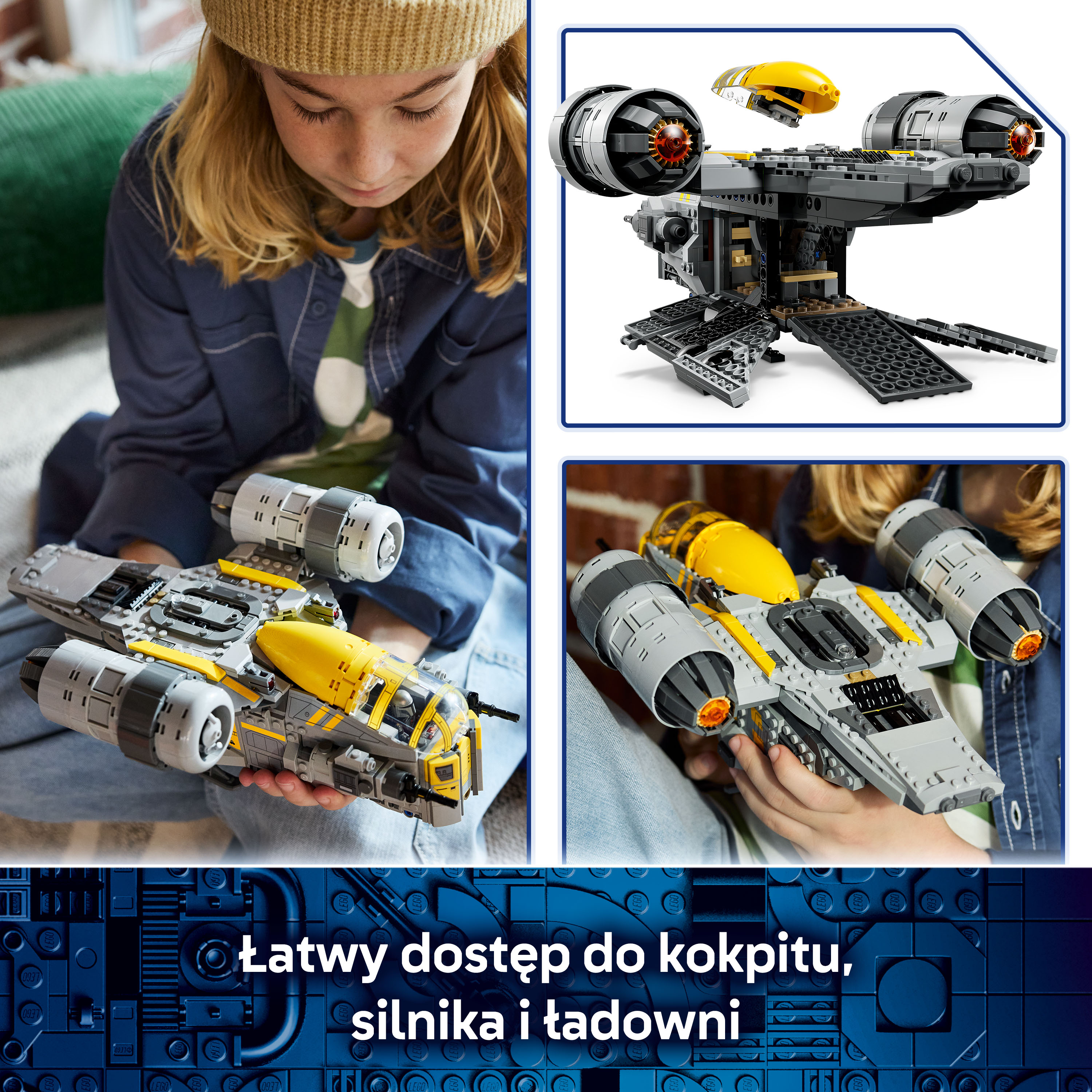 Dziecko trzyma szary i żółty statek kosmiczny Lego. Widoczny kokpit i silniki.