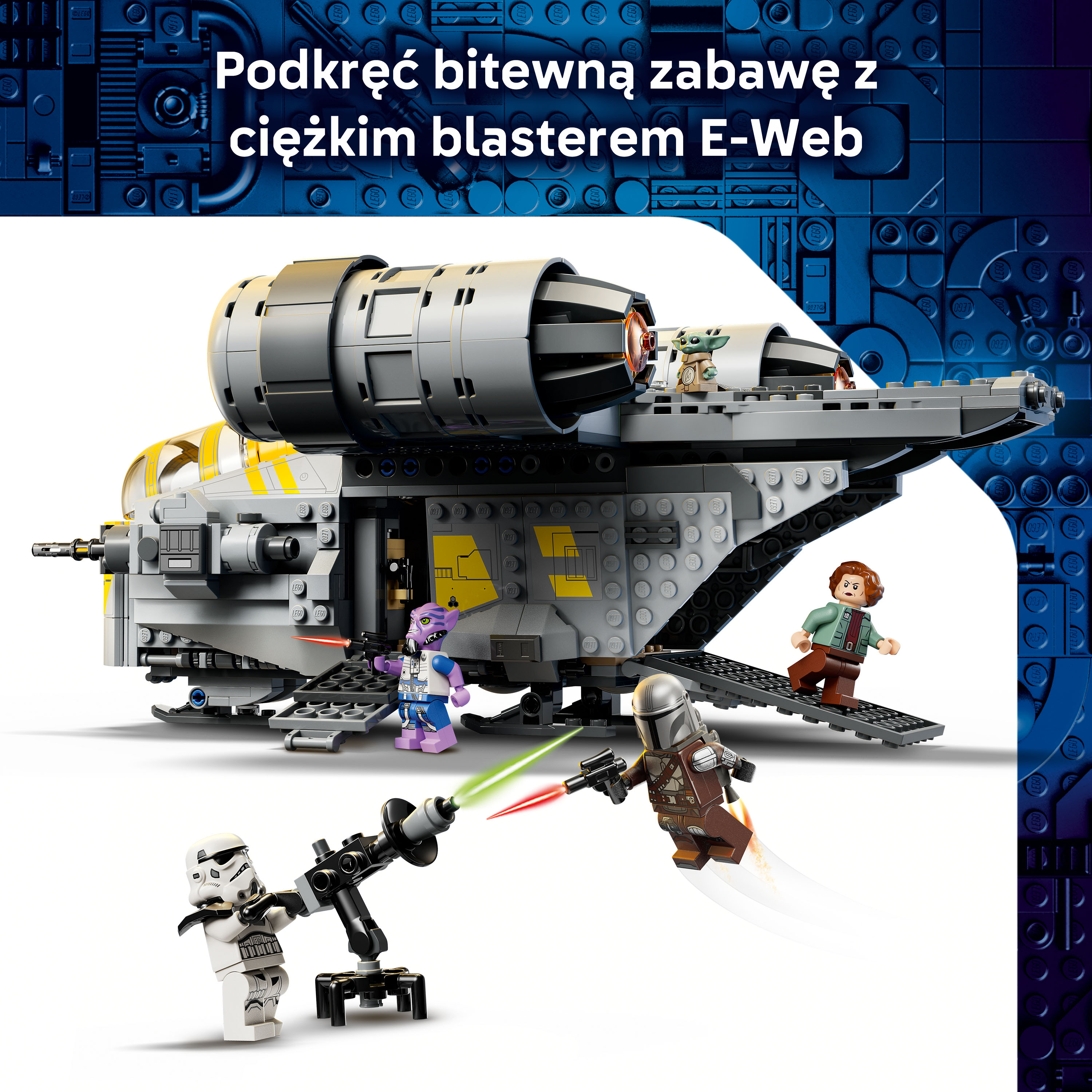 Statek Lego z minifigurkami w walce, w tym Mandalorian i szturmowcy.
