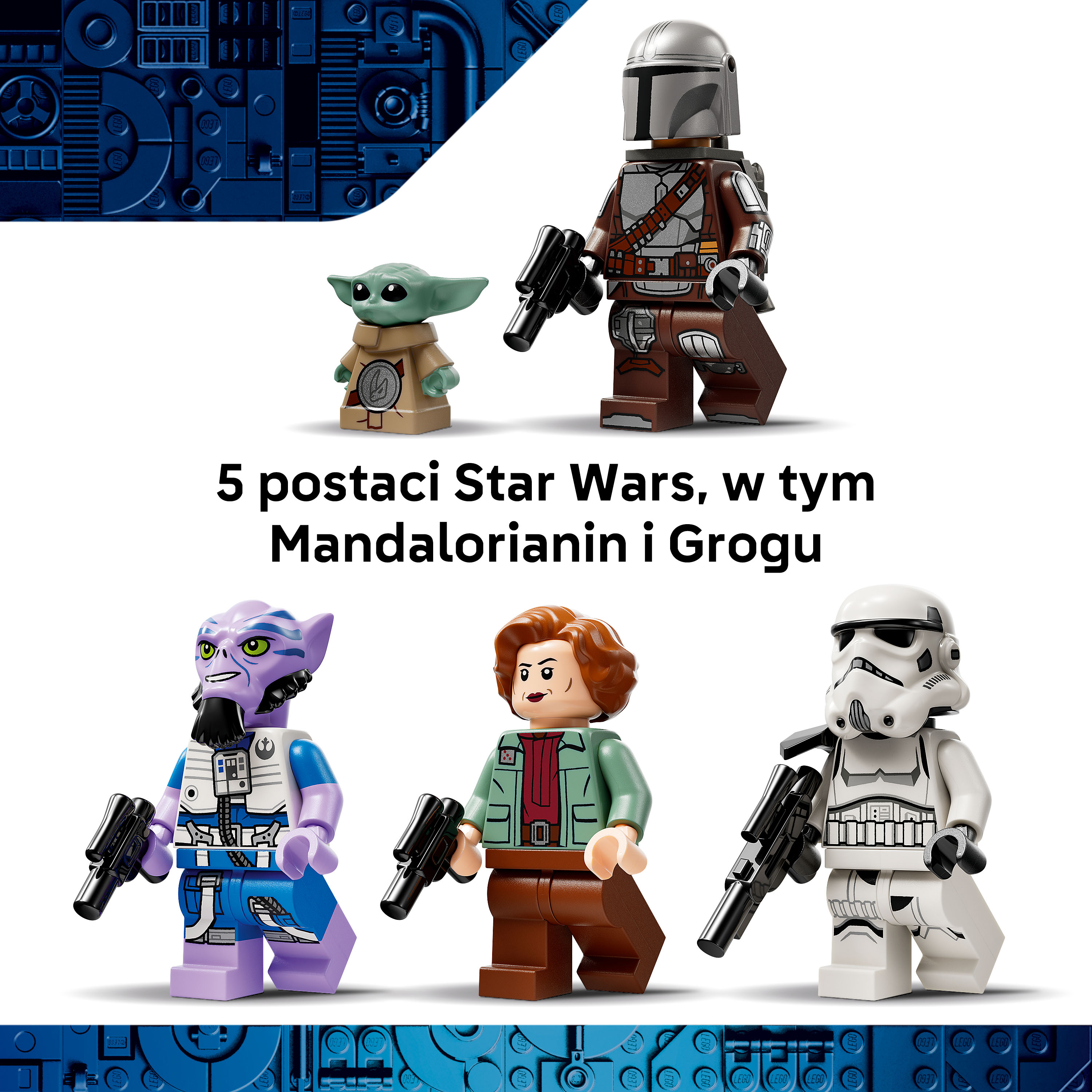 Pięć postaci Lego Star Wars: Mandalorianin, Grogu, Szturmowiec, itp.