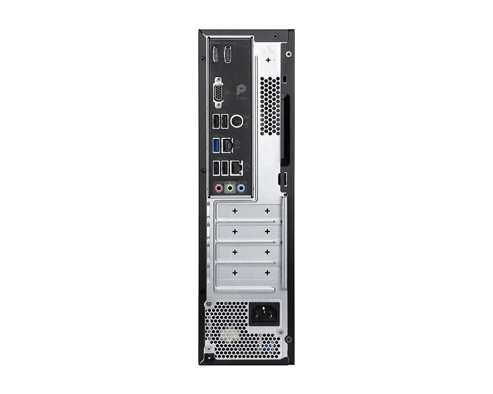 Rückseite eines PCs mit Anschlüssen wie USB, VGA und Strom.