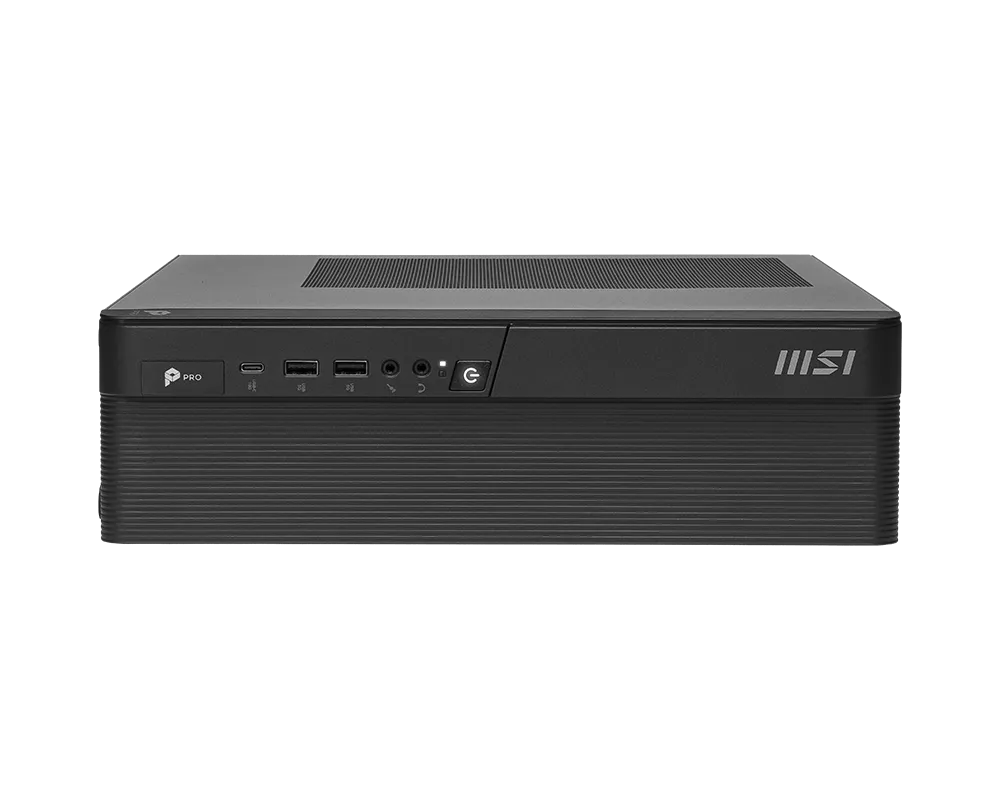 Ein schlanker schwarzer Computer mit Anschlüssen und MSI-Logo.