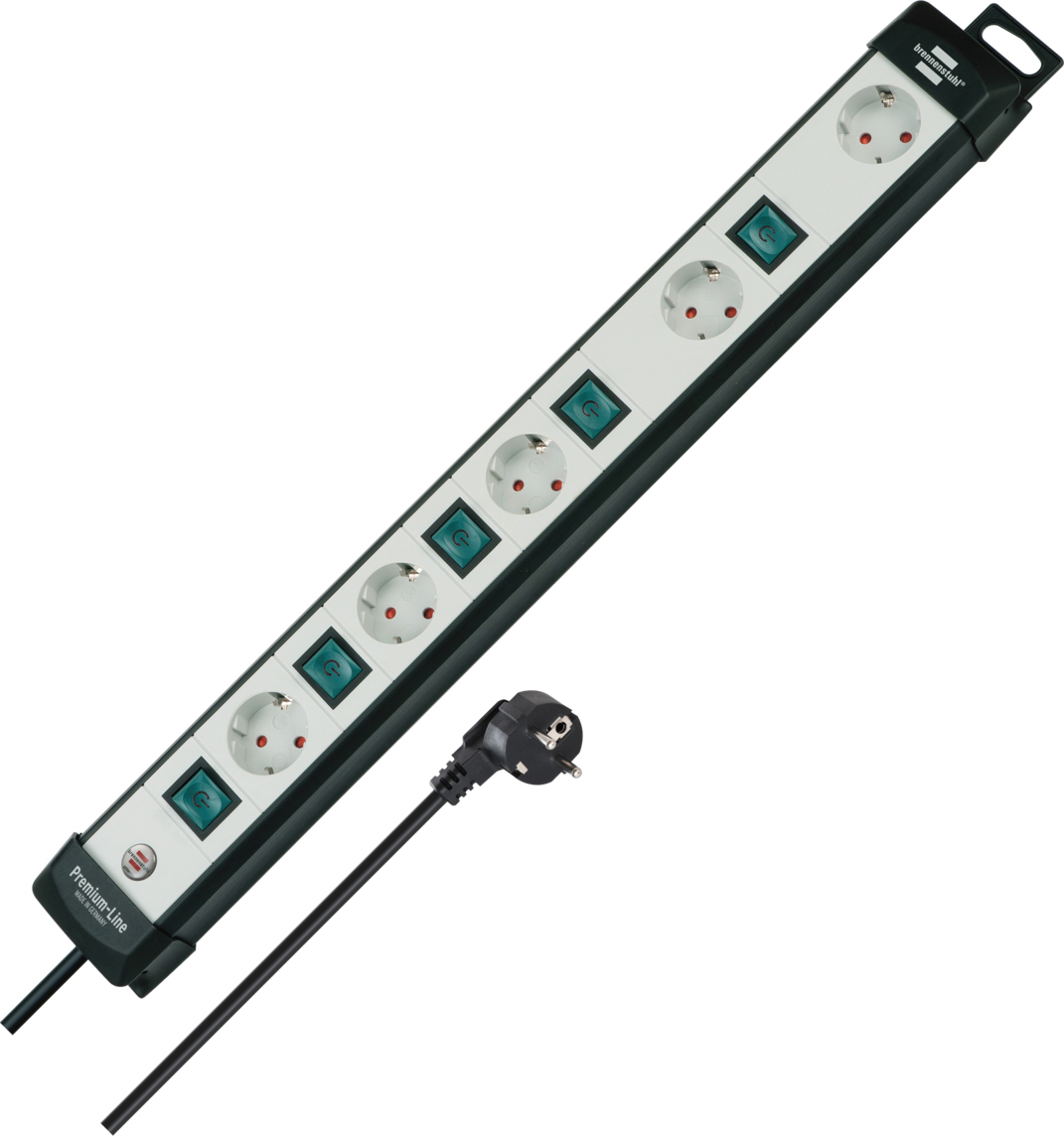 Schwarzes Mehrfachsteckdosenleiste mit sechs Steckplätzen und grünen Schaltern, mit Stecker.