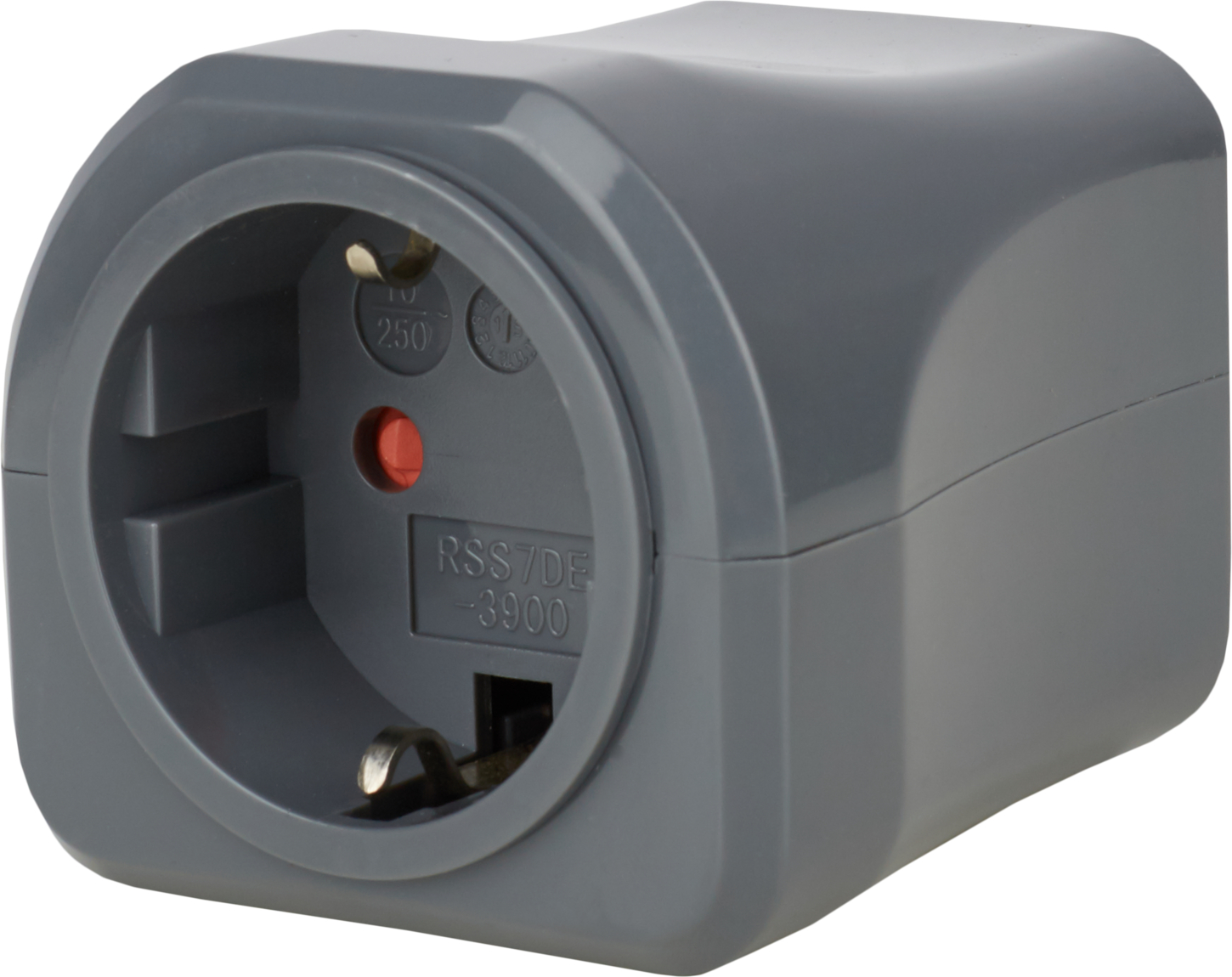 Grauer Reiseadapter mit Steckdose und rotem Indikator.