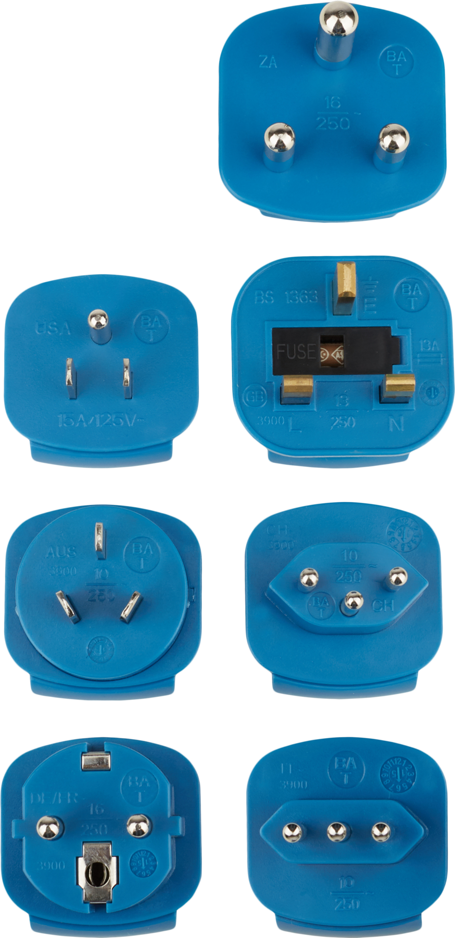 Mehrere blaue Reiseadapterstecker mit verschiedenen internationalen Standards.