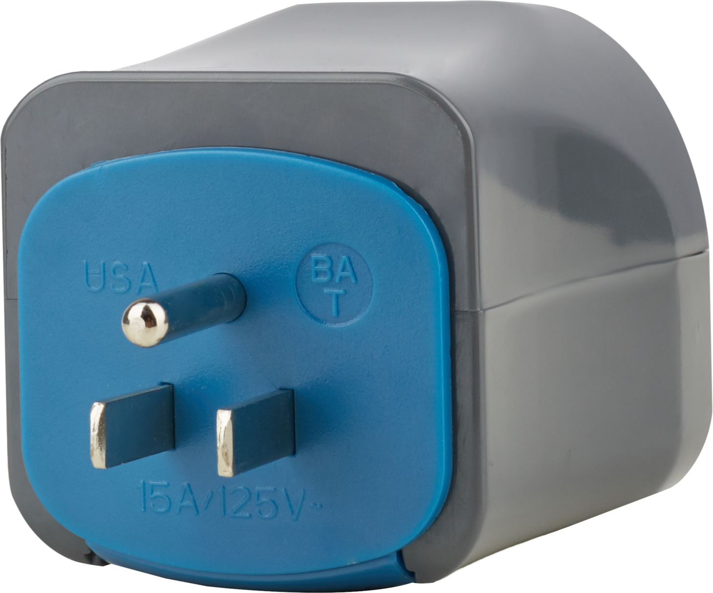 Grauer Reiseadapter mit blauer Front und drei Stiften.