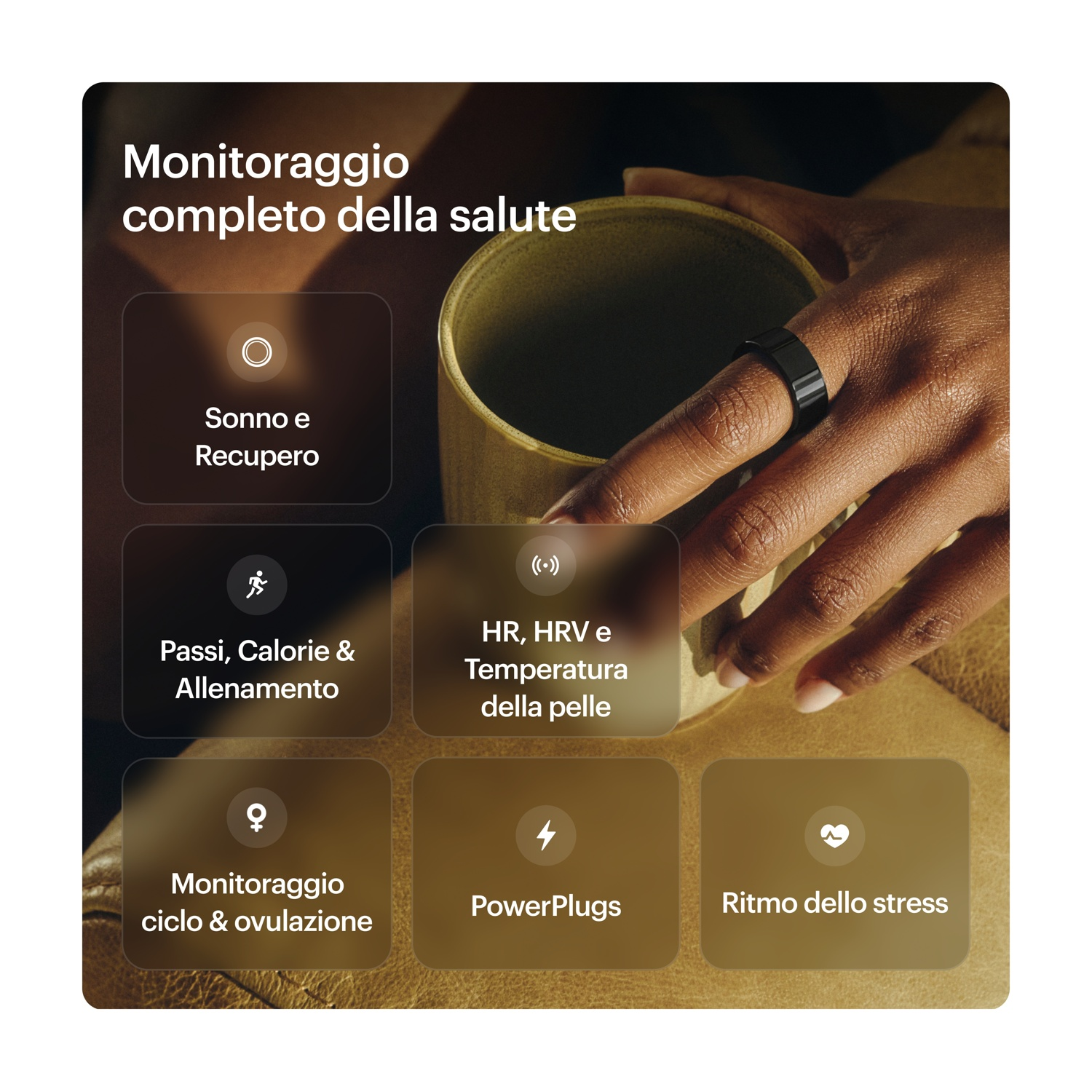Monitoraggio salute: Sonno, passi, battito, ciclo, stress.