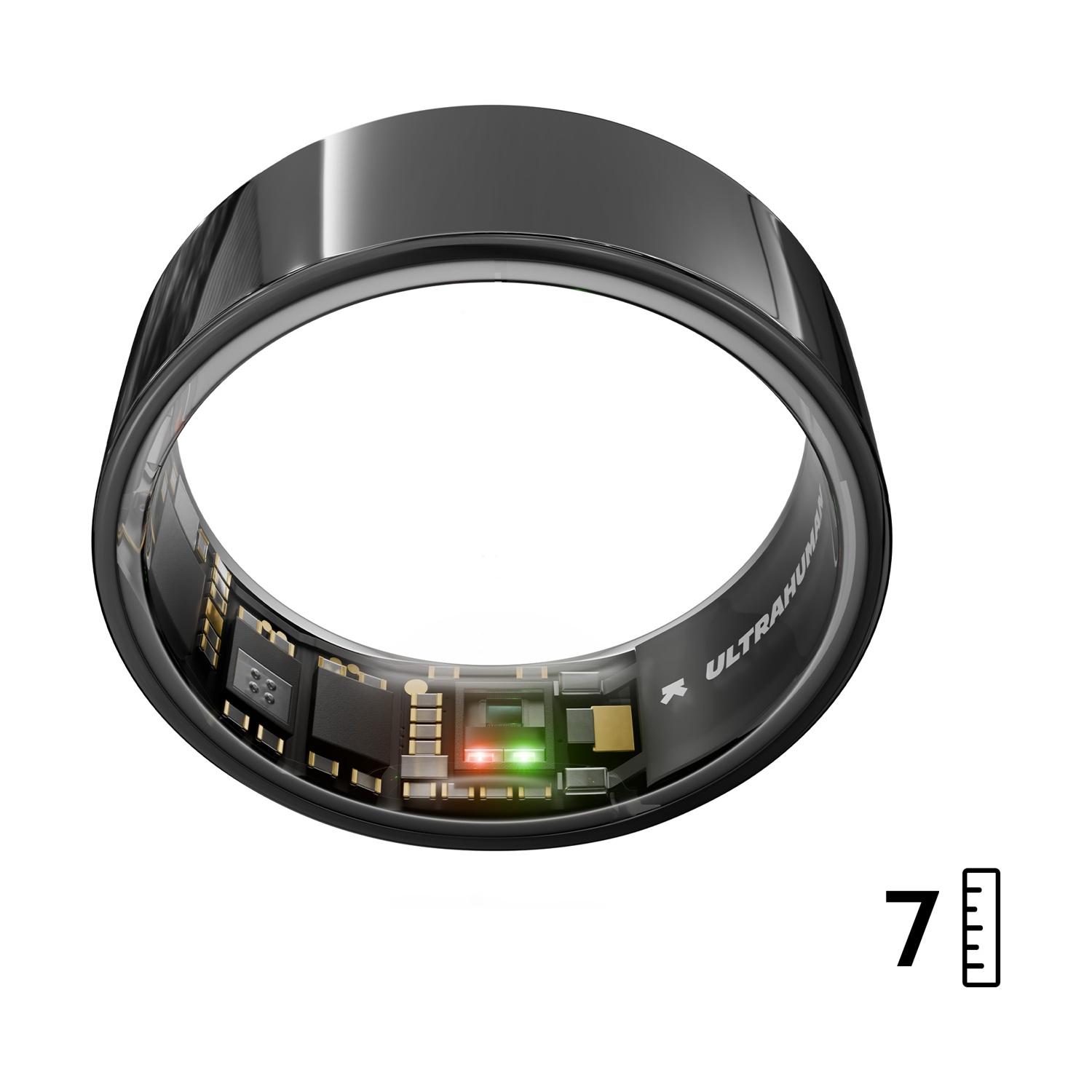 Anello nero con elettronica interna e luci, accanto al numero 7 e un'icona del righello.